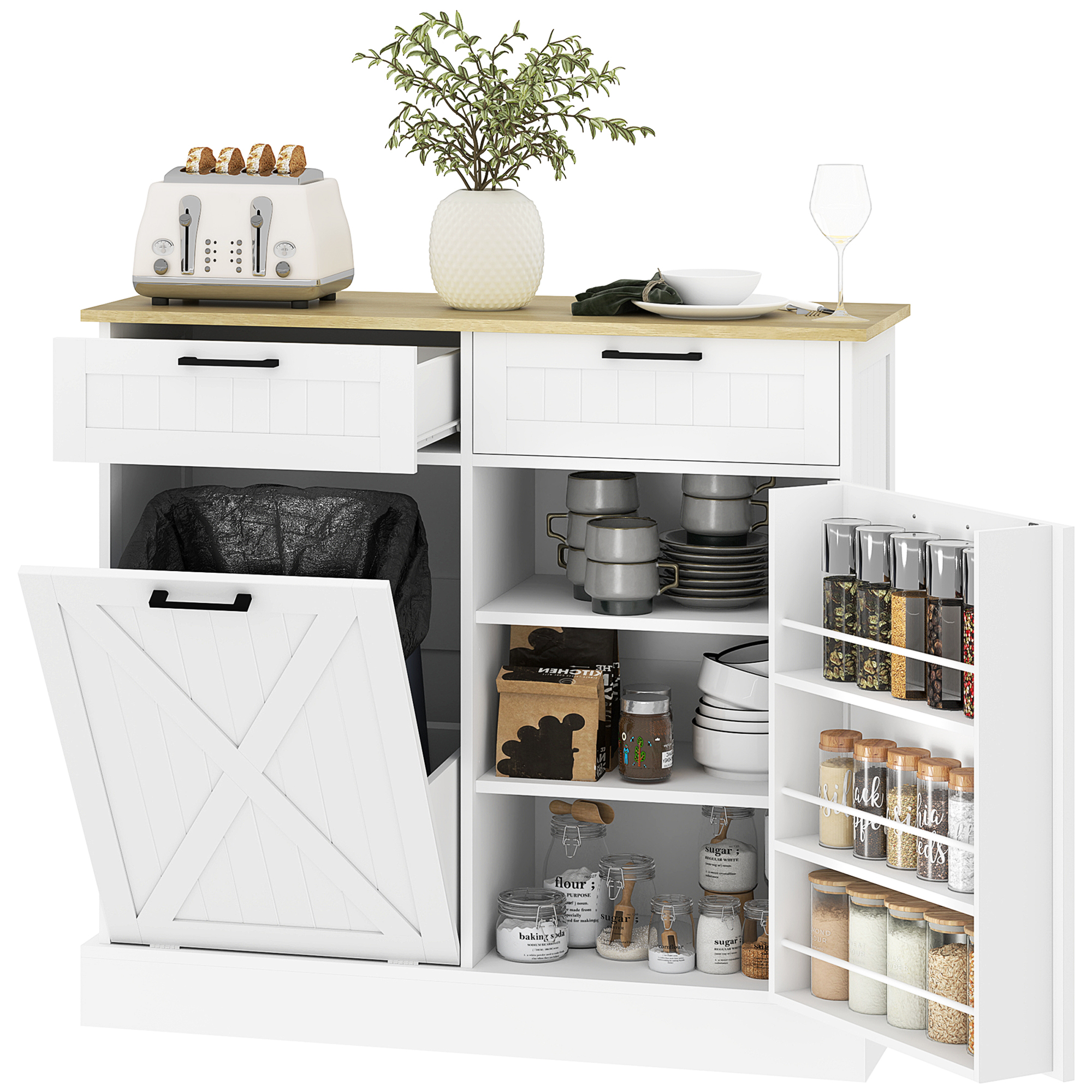 10 Gallon Farmhouse Kitchen Cabinet with Hidden Trash Can and 2 Drawers, Tilt Out Trash Can Cabinet for Kitchen, Gray (Drop Shipping Only, Not for Amazon)