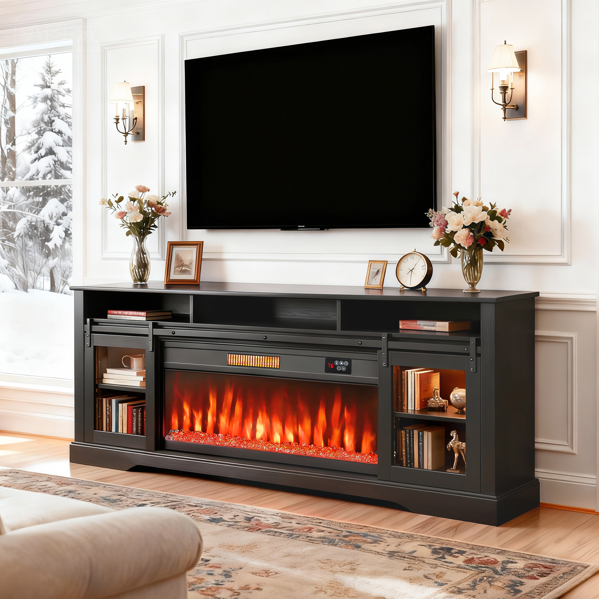 Fireplace TV Stand for TVs Up to 80 Inch, TV Console with Electric Fireplace, Open Storage and Side Cabinets, Gray (Drop Shipping Only, Not for Amazon)