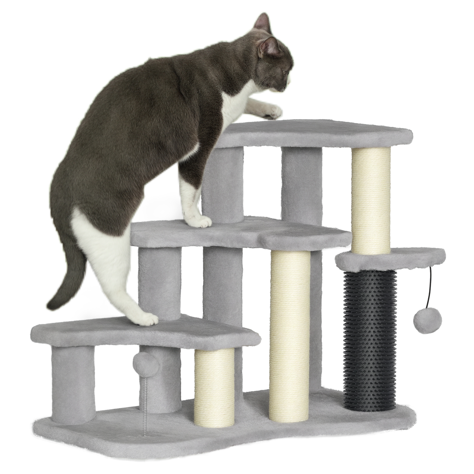 2-in-1 Cat Tree, Pet Stairs w/ Scratching Post, Toy Balls, for Bed, Sofa, Couch, Light Grey (Drop Shipping Only, Not for Amazon)