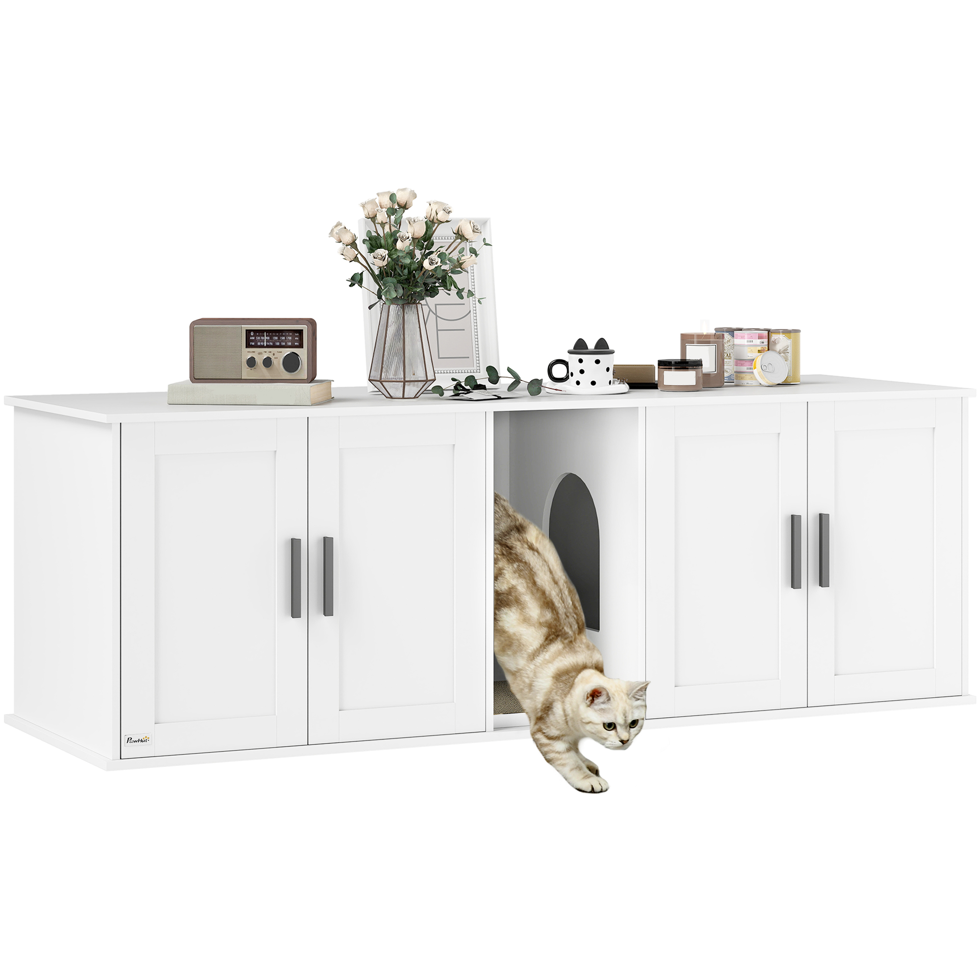 Cat Litter Box Enclosure with Double Room, Scratching Mat for 2 Cats, 57