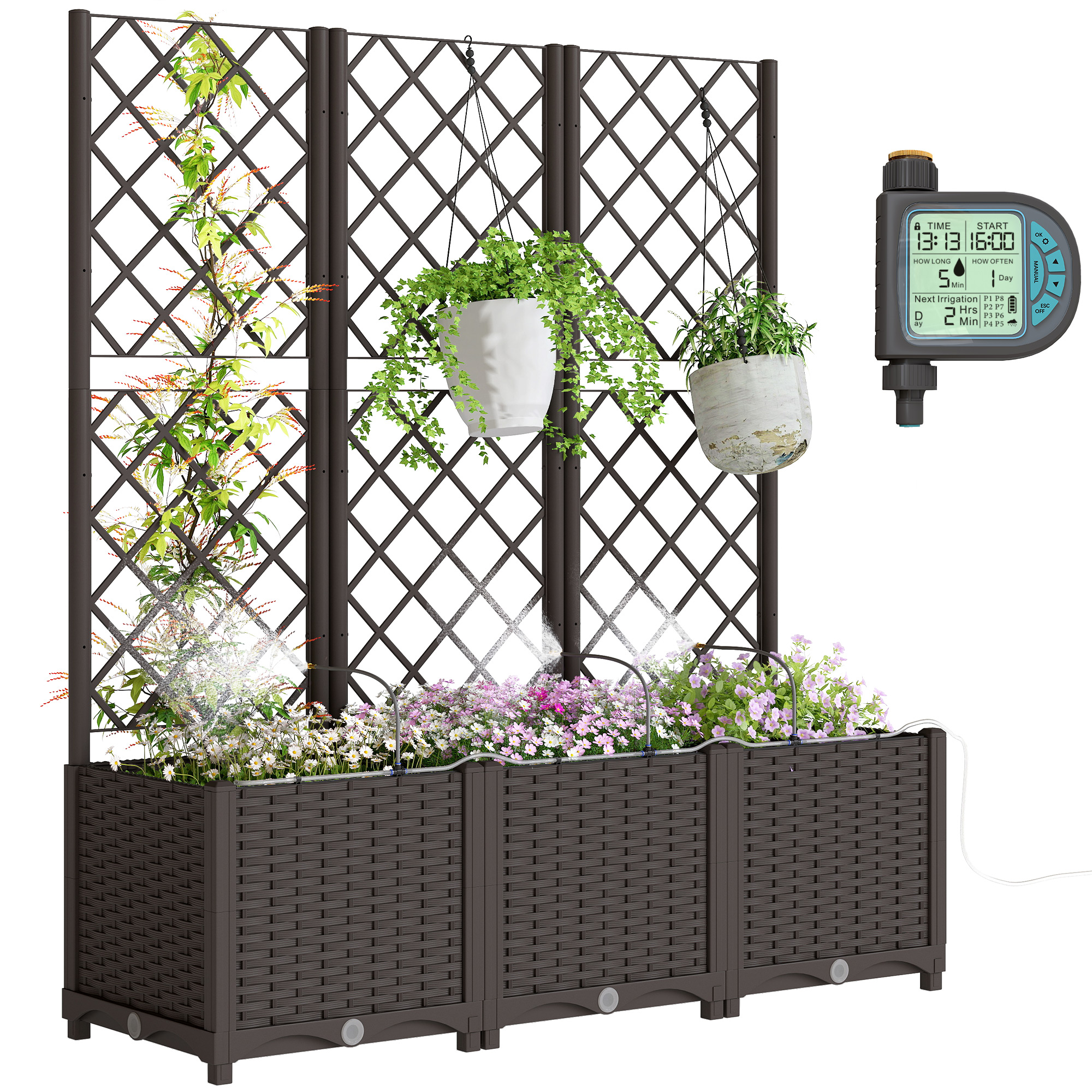3PCS Plastic Planter Box with Trellis, Self-Watering Raised Garden Bed with Trellis and Automatic Watering Timer Kit (Drop Shipping Only, Not for Amazon)