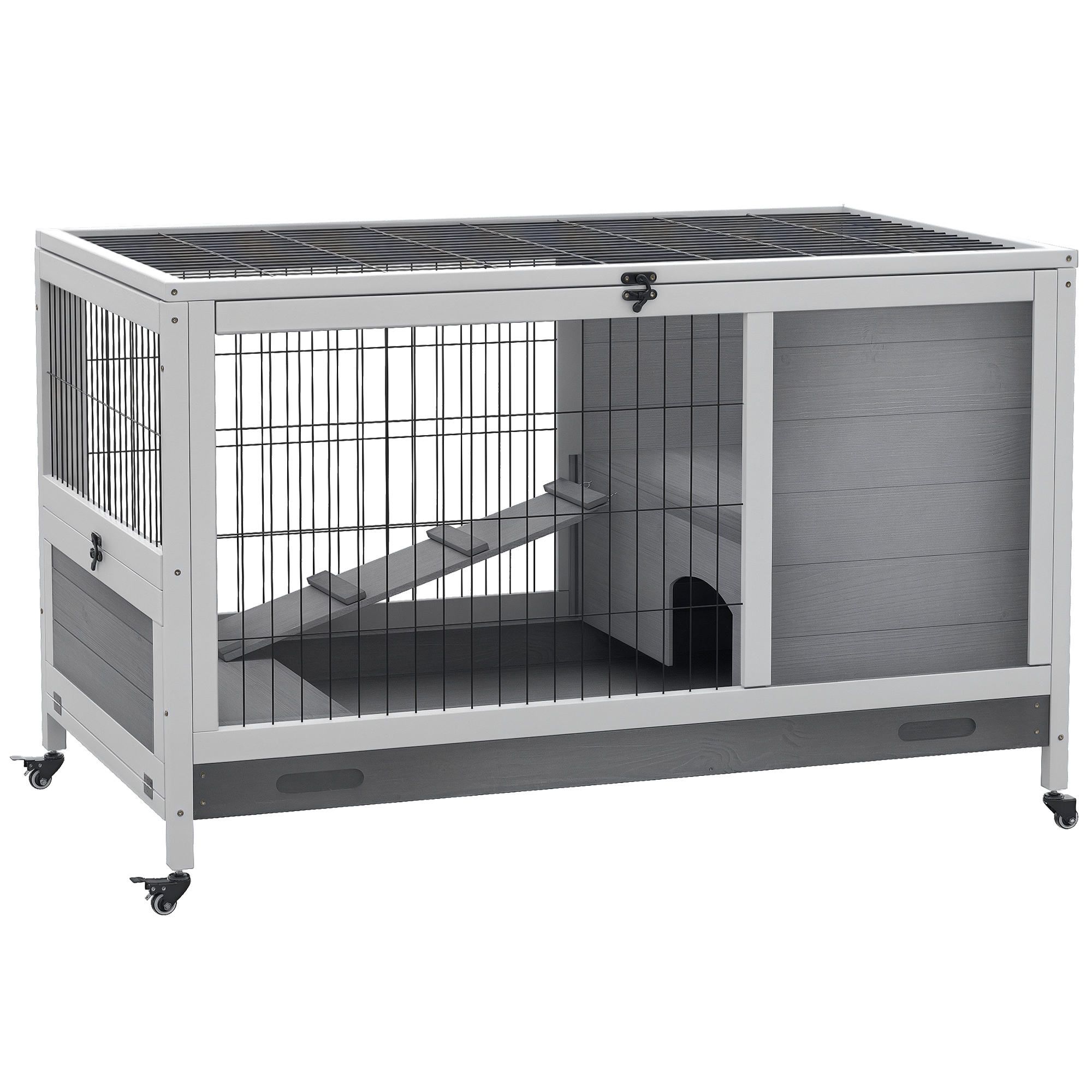 Wooden Indoor Rabbit Hutch Elevated Cage Habitat with Enclosed Run with Wheels - Ideal for Rabbits and Guinea Pigs (Drop Shipping Only, Not for Amazon)
