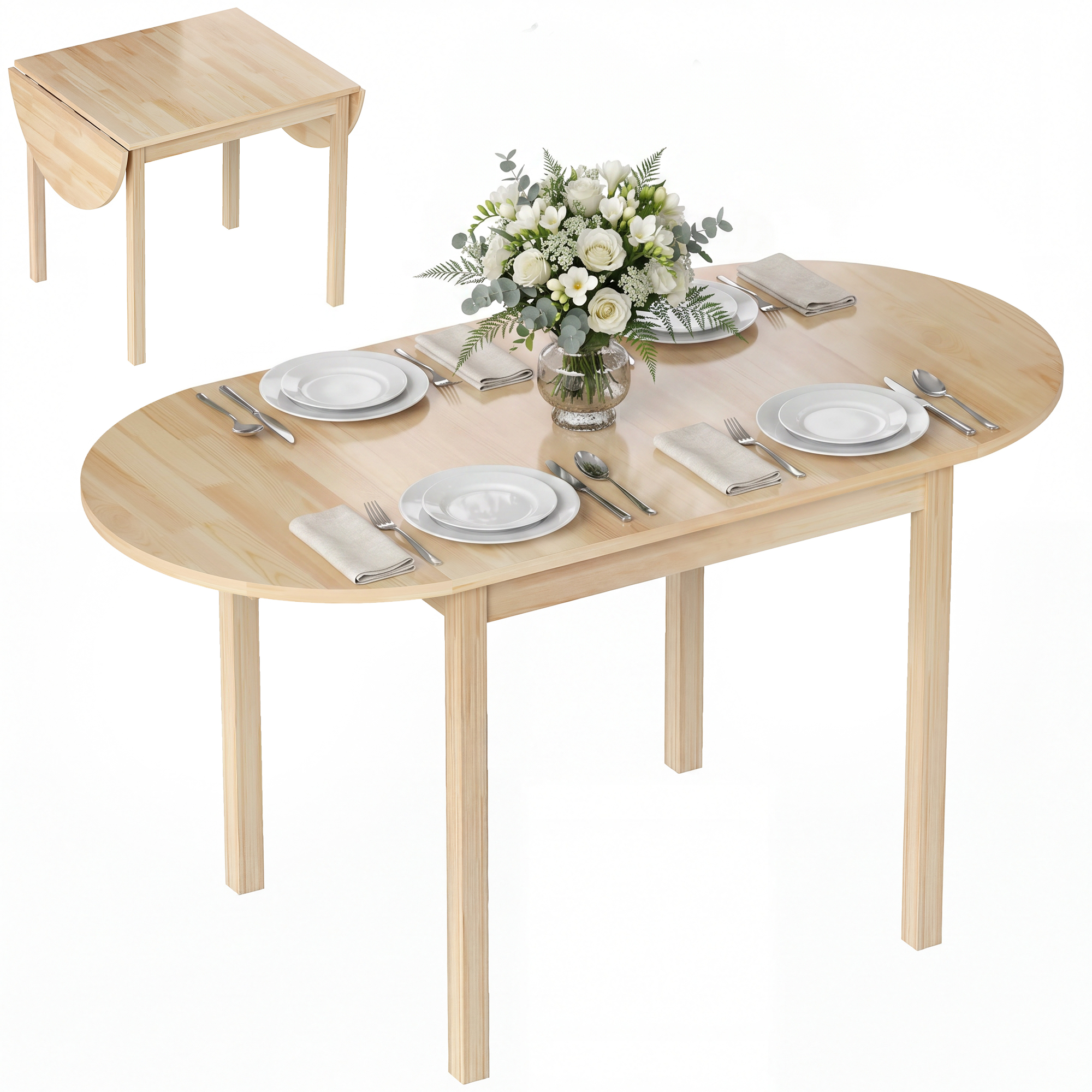 4-6 Person Wooden Drop-Leaf Table - Natural Finish (Drop Shipping Only, Not for Amazon)