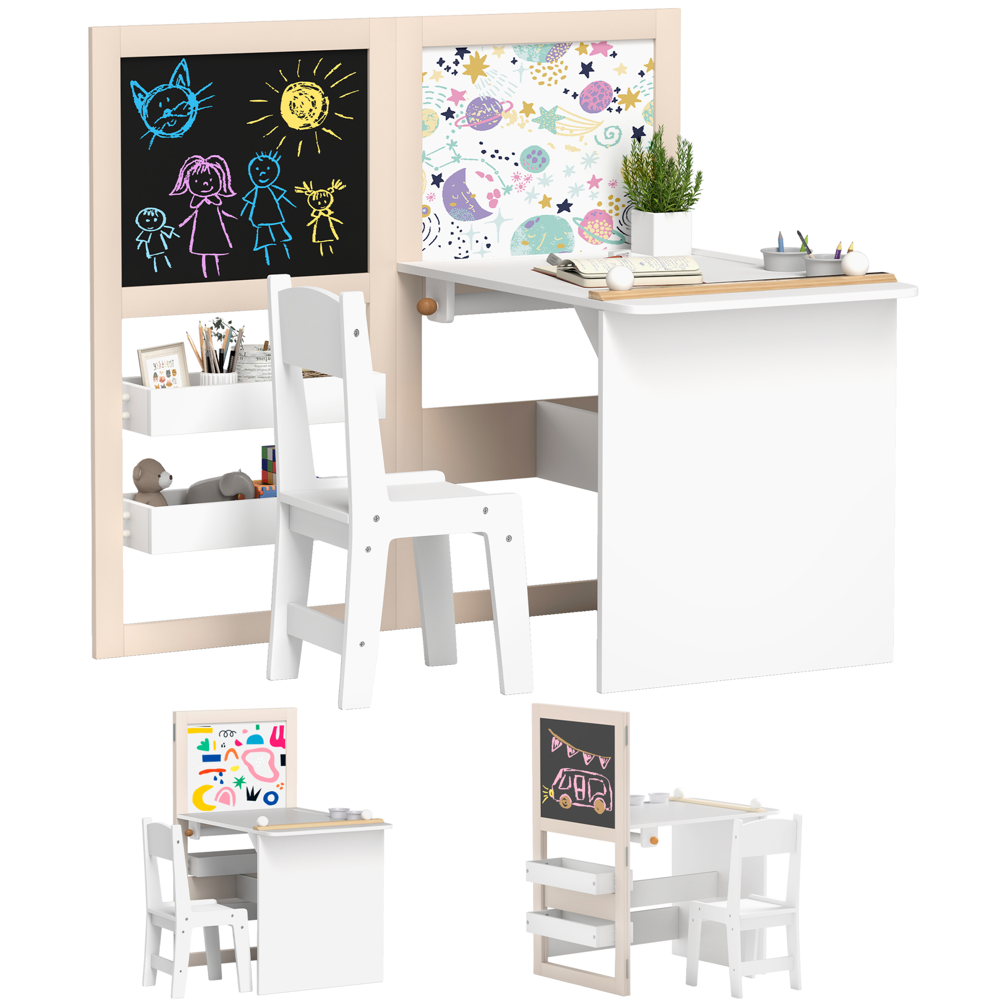3 in 1 Kids Table and Chair Set with Storage, Whiteboard, Blackboard & Roll Paper for 3-8 Years, White (Drop Shipping Only, Not for Amazon)