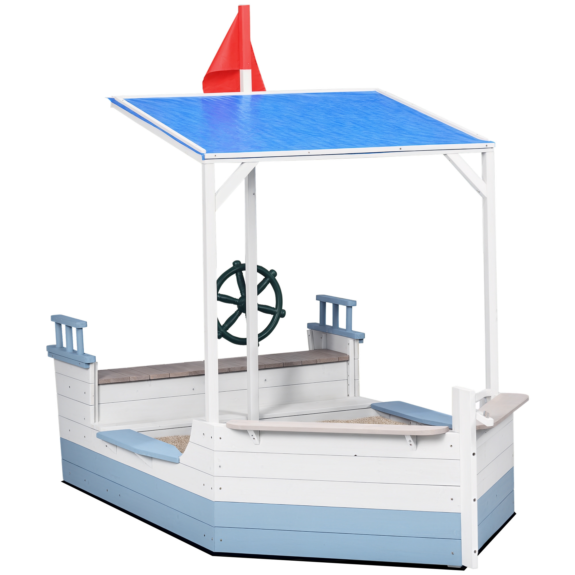 Kids Sandbox with Canopy, Pirate Ship Wooden Sand Boxes with Bench for Backyard, Sand Pit for Toddlers, 83