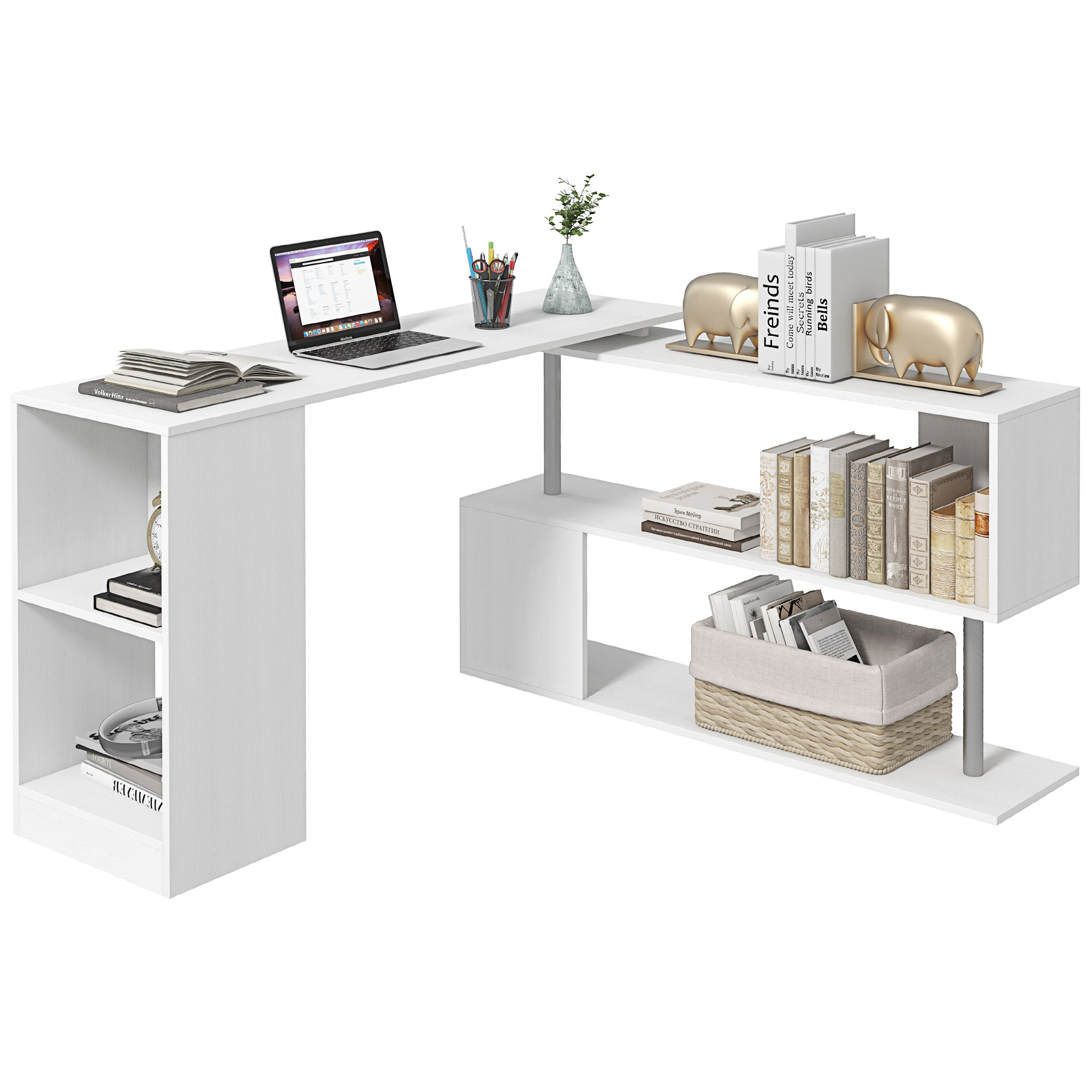 360 Degree Rotating Corner Desk Storage Shelf Combo Laptop Workstation Wood L Shaped Table Home Office - White (Drop Shipping Only, Not for Amazon)