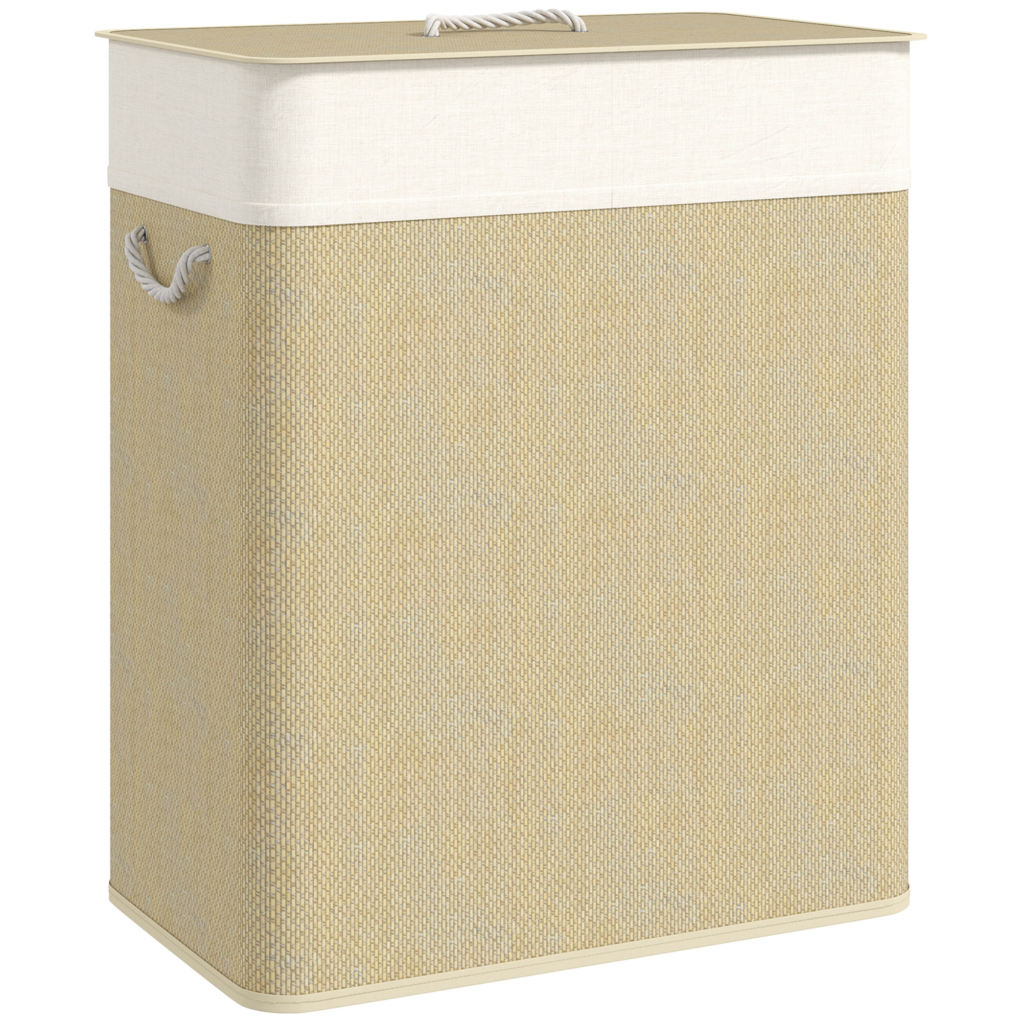 2 Section Laundry Basket with Lid, 100L Bamboo Laundry Hamper with Handles, Removable and Washable Liner, Cream White (Drop Shipping Only, Not for Amazon)