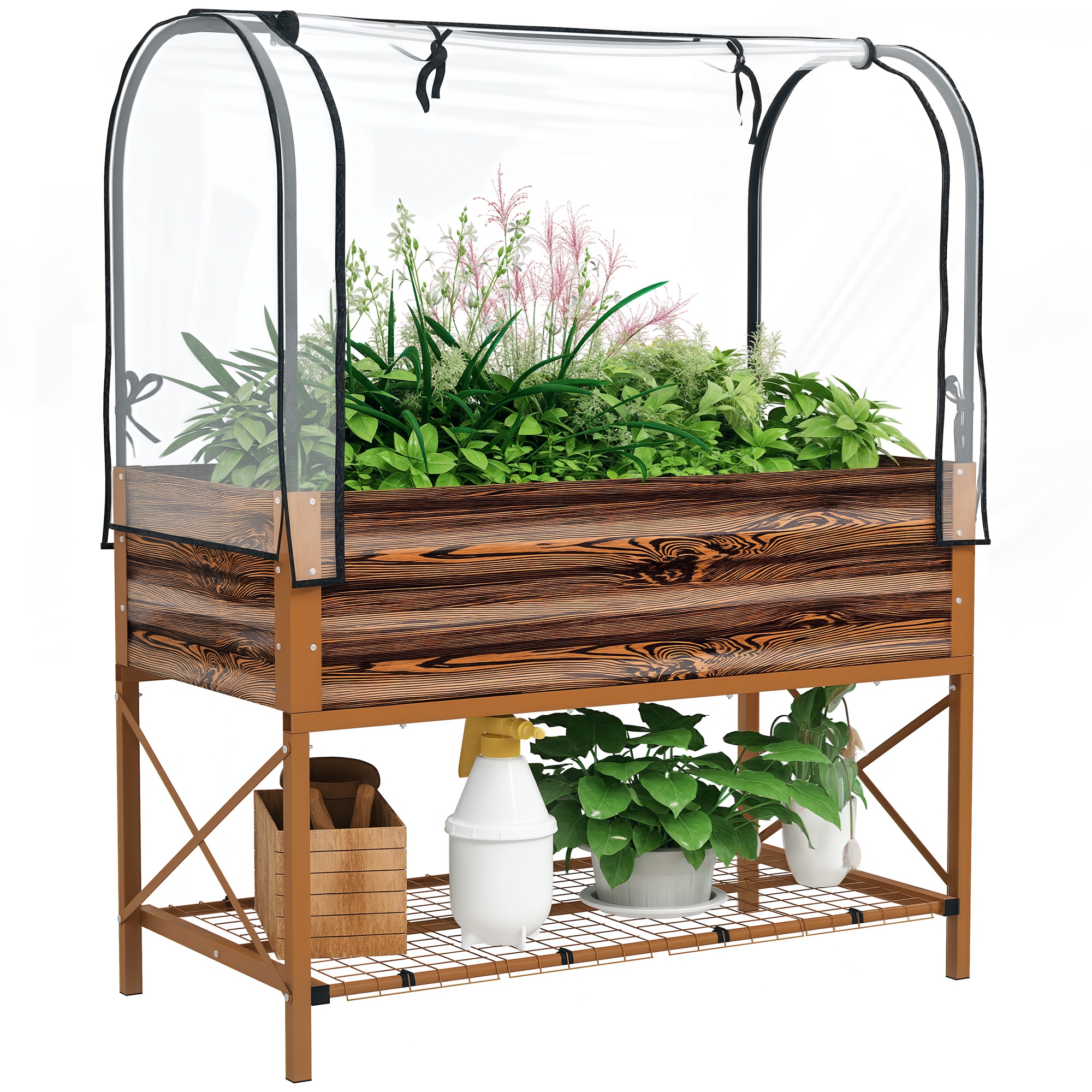 Raised Garden Bed with Legs and Cover, Metal Elevated Planter Box with Bottom Shelf and Liner for Vegetables, Brown (Drop Shipping Only, Not for Amazon)