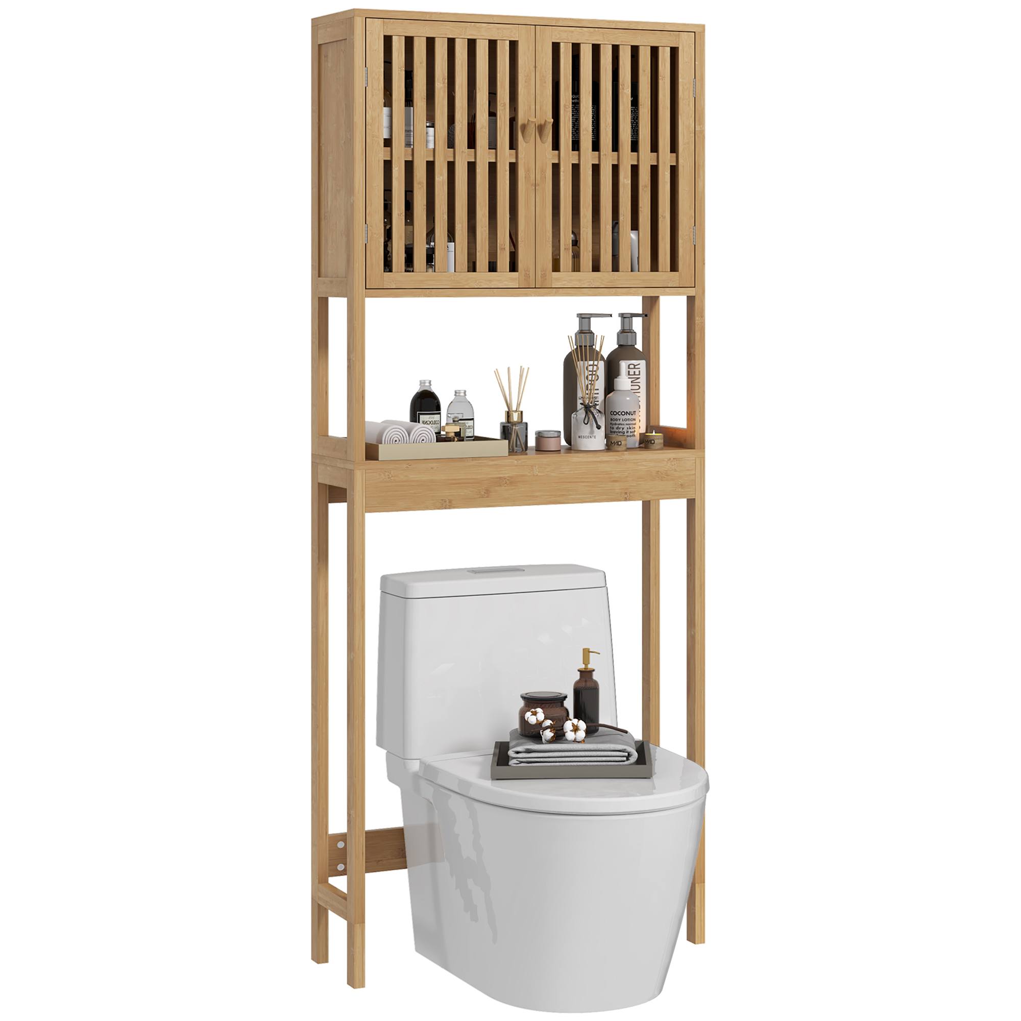 Over the Toilet Cabinet, Bamboo Bathroom Above Toilet Storage with Slatted Doors and Adjustable Shelf, Natural (Drop Shipping Only, Not for Amazon)