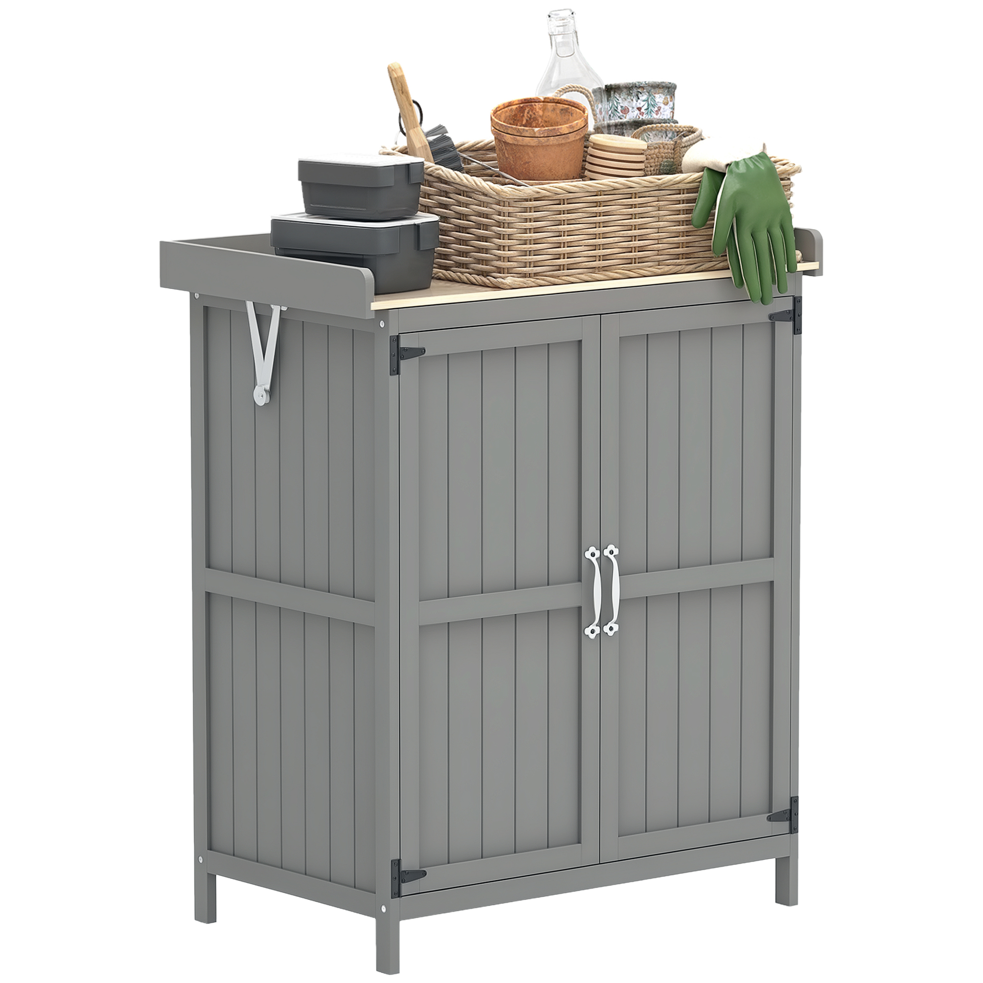 Outdoor Storage Cabinet, Garden Tool Shed with Metal Tabletop and Shelf, Wooden Potting Bench with 2 Doors, Gray (Drop Shipping Only, Not for Amazon)