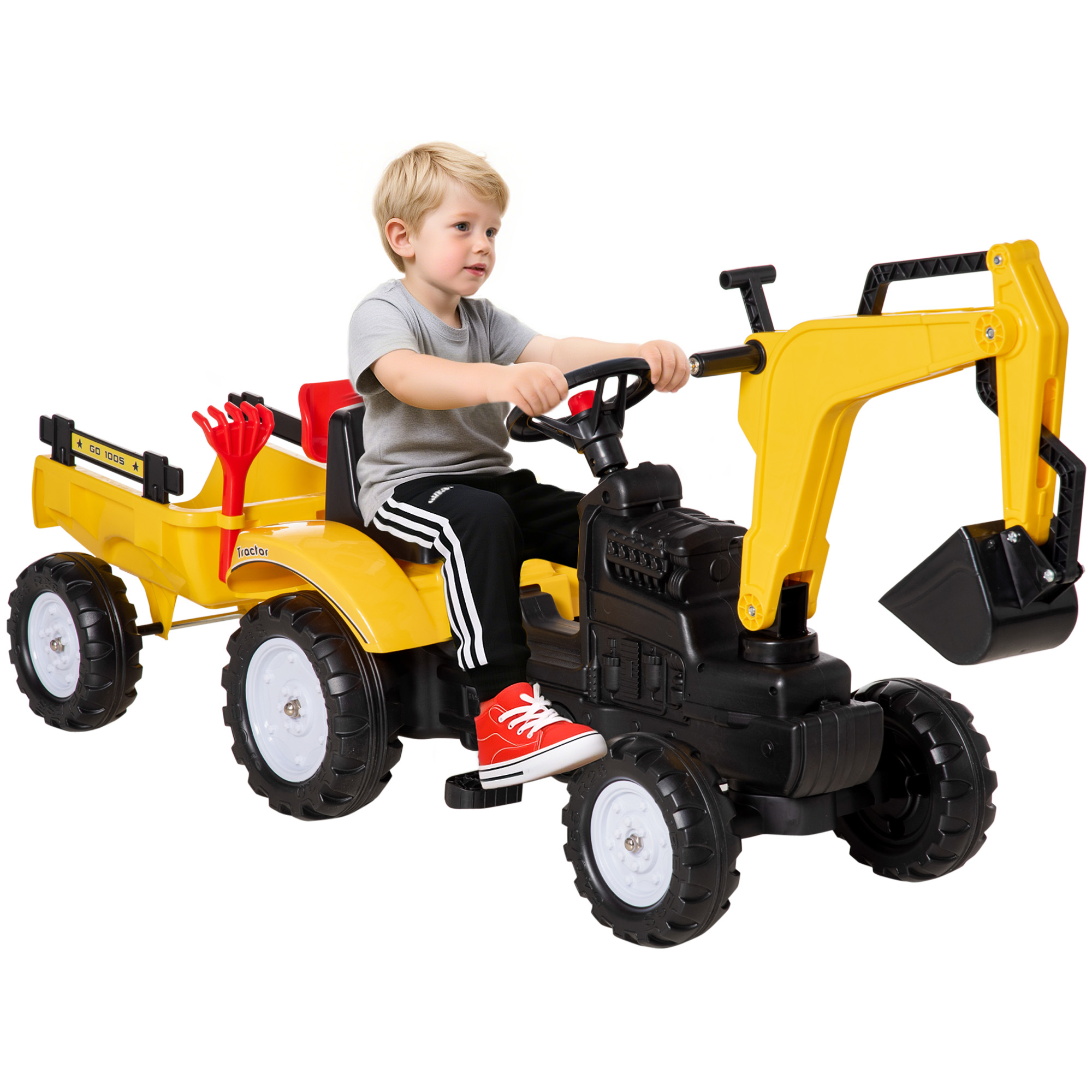 Kids Ride-On Construction Car, with Horn and Detachable Trailer - Yellow (Drop Shipping Only, Not for Amazon)