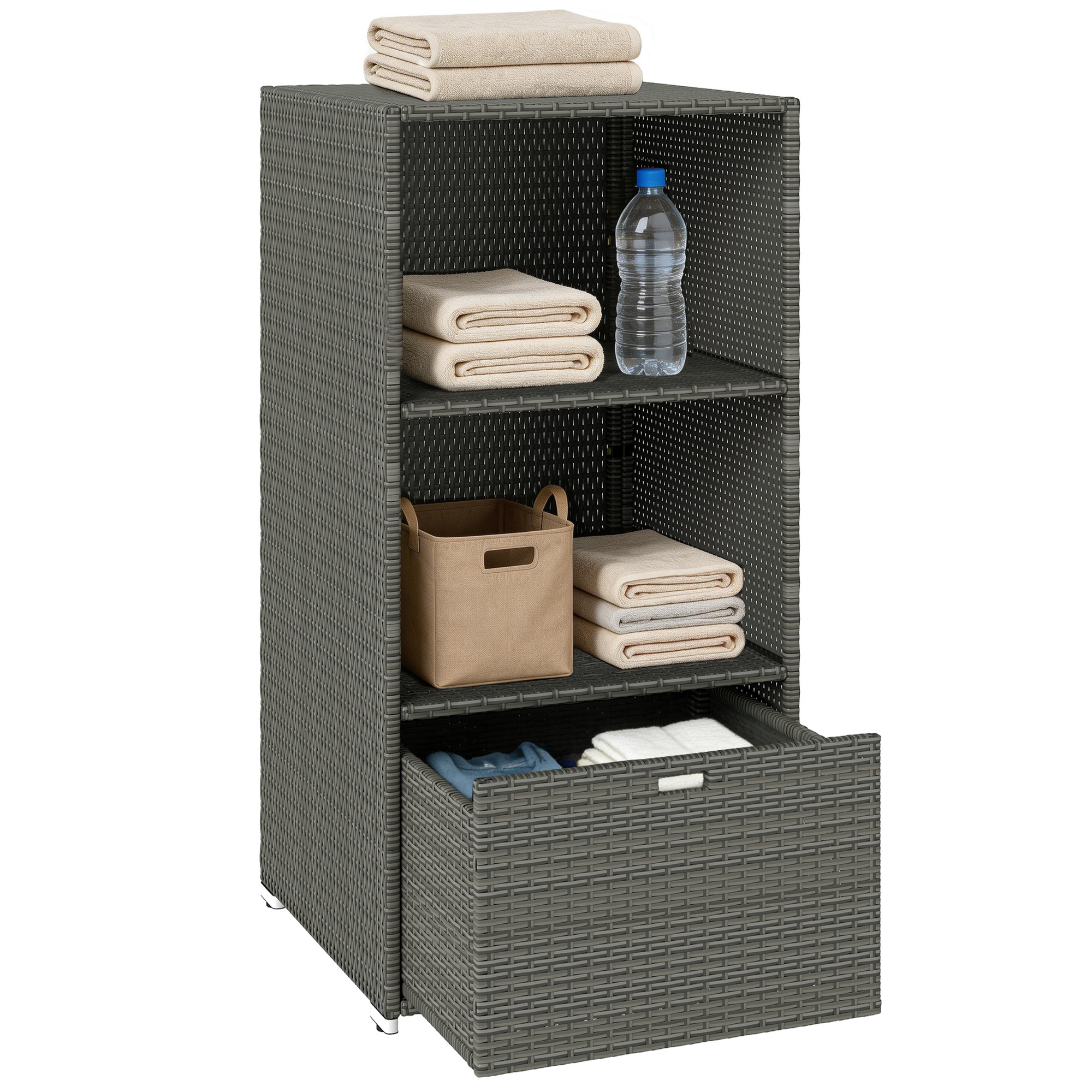 Valet Pool Towel Rack, Water-Resistant PE Plastic Rattan Wicker Storage Organizer, 2 Shelves, 1 Basket Drawer, Dark Gray (Drop Shipping Only, Not for Amazon)