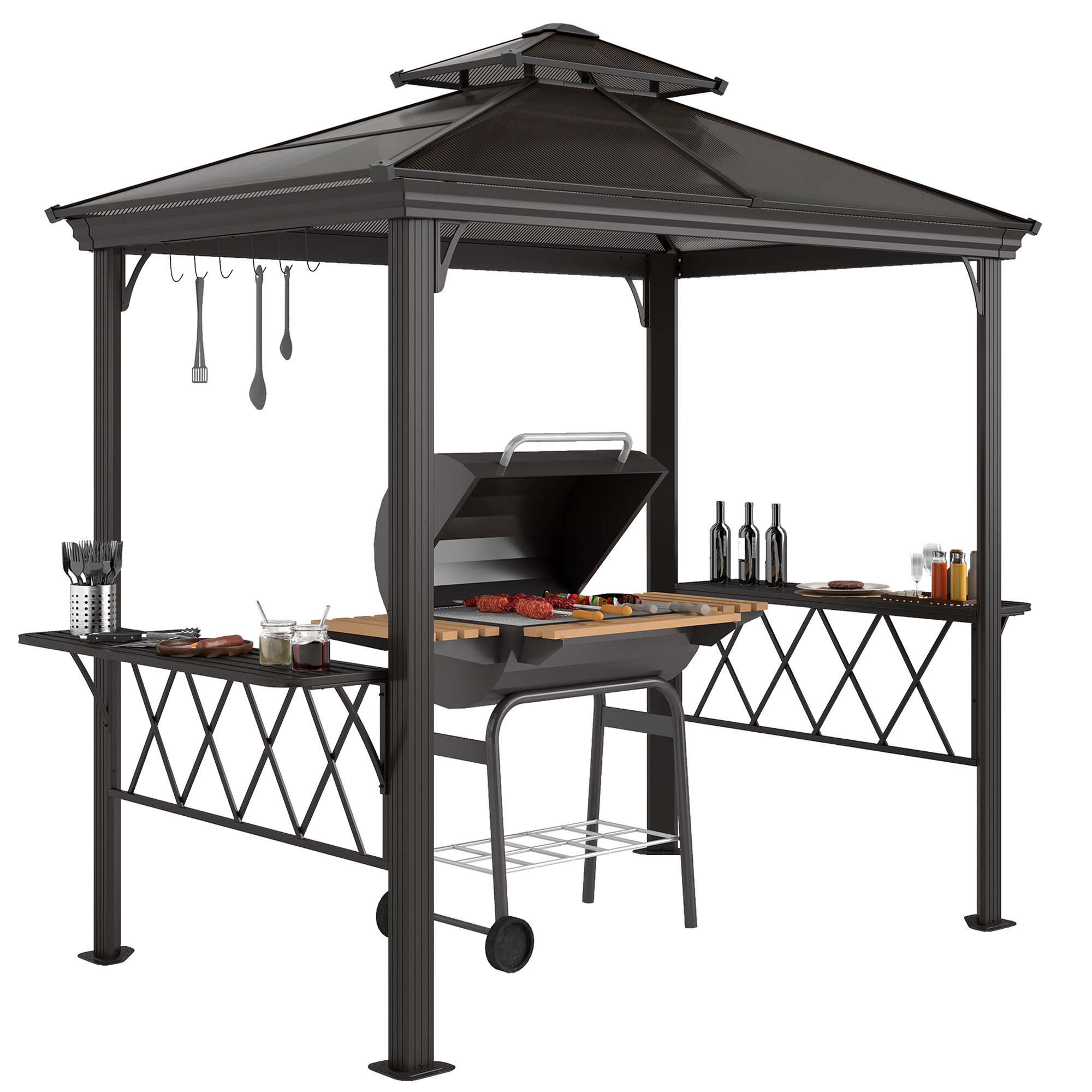 Outside Porch BBQ Cooking Pergola Canopy with 6 Hooks for Utensils and Double Venting Roof, Coffee (Drop Shipping Only, Not for Amazon)