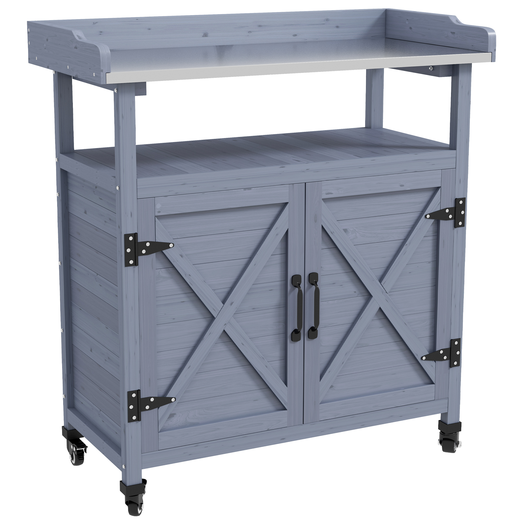 Outdoor Wooden Potting Bench with Storage Cabinet, Aluminum Tabletop, Rubber Wheels for Backyard, Patio, Balcony, Gray (Drop Shipping Only, Not for Amazon)