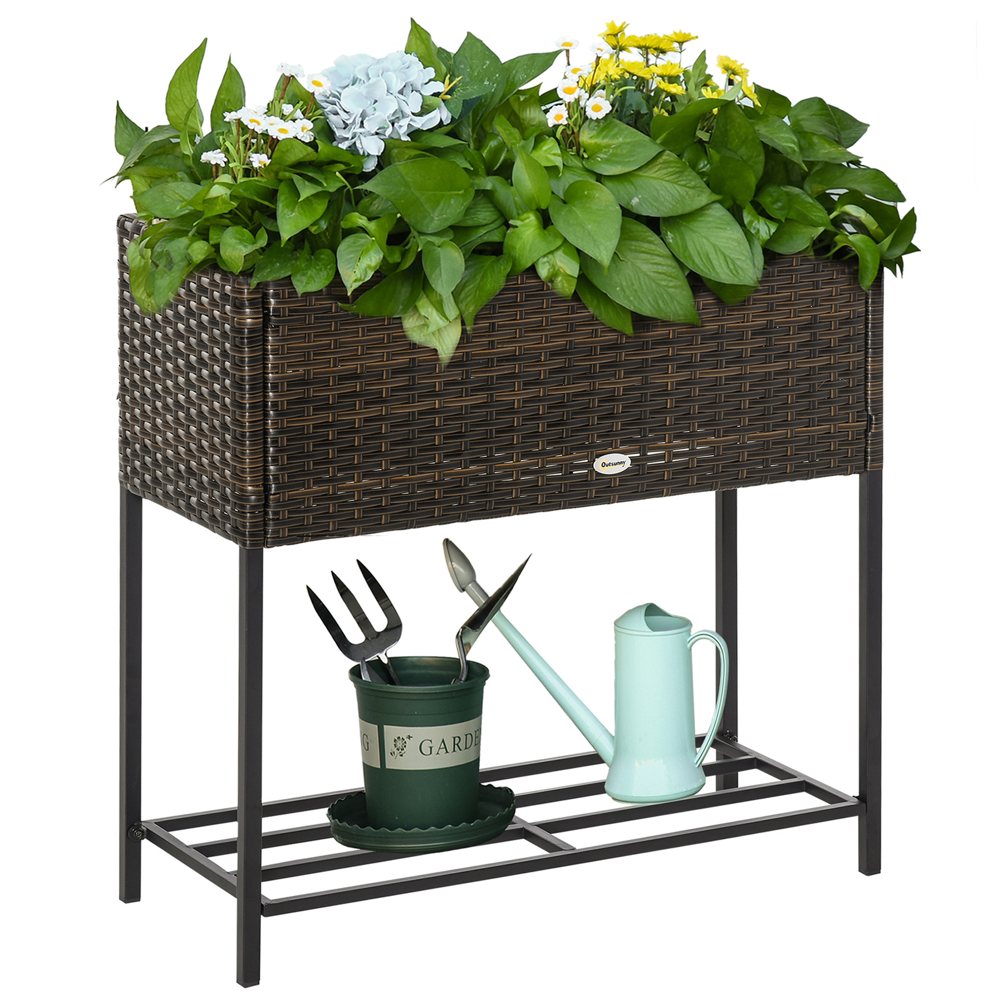 Raised Garden Bed, Elevated Planter Box with Rattan Wicker Look, Tool Storage Shelf, Portable Design for Herbs, Vegetables, Flowers, Gray (Drop Shipping Only, Not for Amazon)