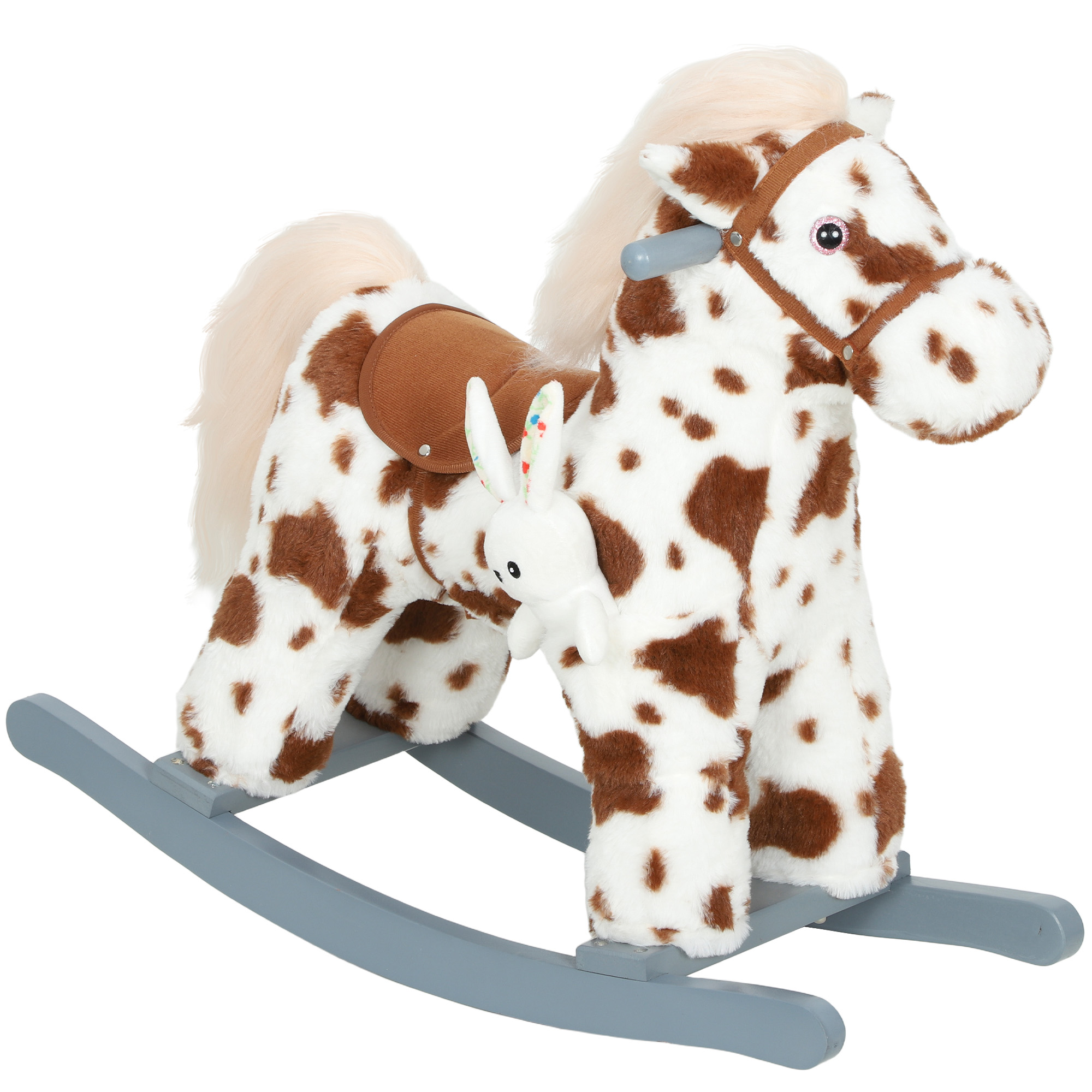 Rocking Horse, Animal Rocker with Rabbit Toy and Realistic Neigh for Toddlers, Soft Filling Ride on Pony, Brown (Drop Shipping Only, Not for Amazon)