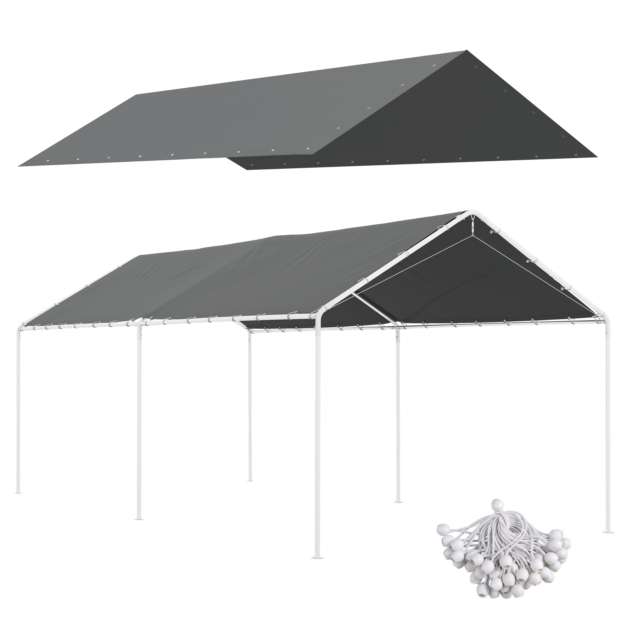 10 x 20ft Carport Roof, UV Resistant Canopy Replacement Cover with Ball Bungee Cords, White (Drop Shipping Only, Not for Amazon)
