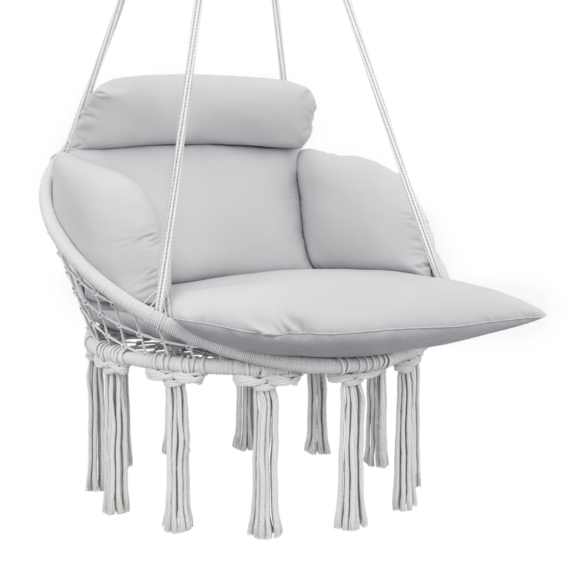 Hammock Swing Chair, Macrame Hanging Chair with Large Cushion, Chain, Steel Frame for Indoor Outdoor Use, Gray (Drop Shipping Only, Not for Amazon)