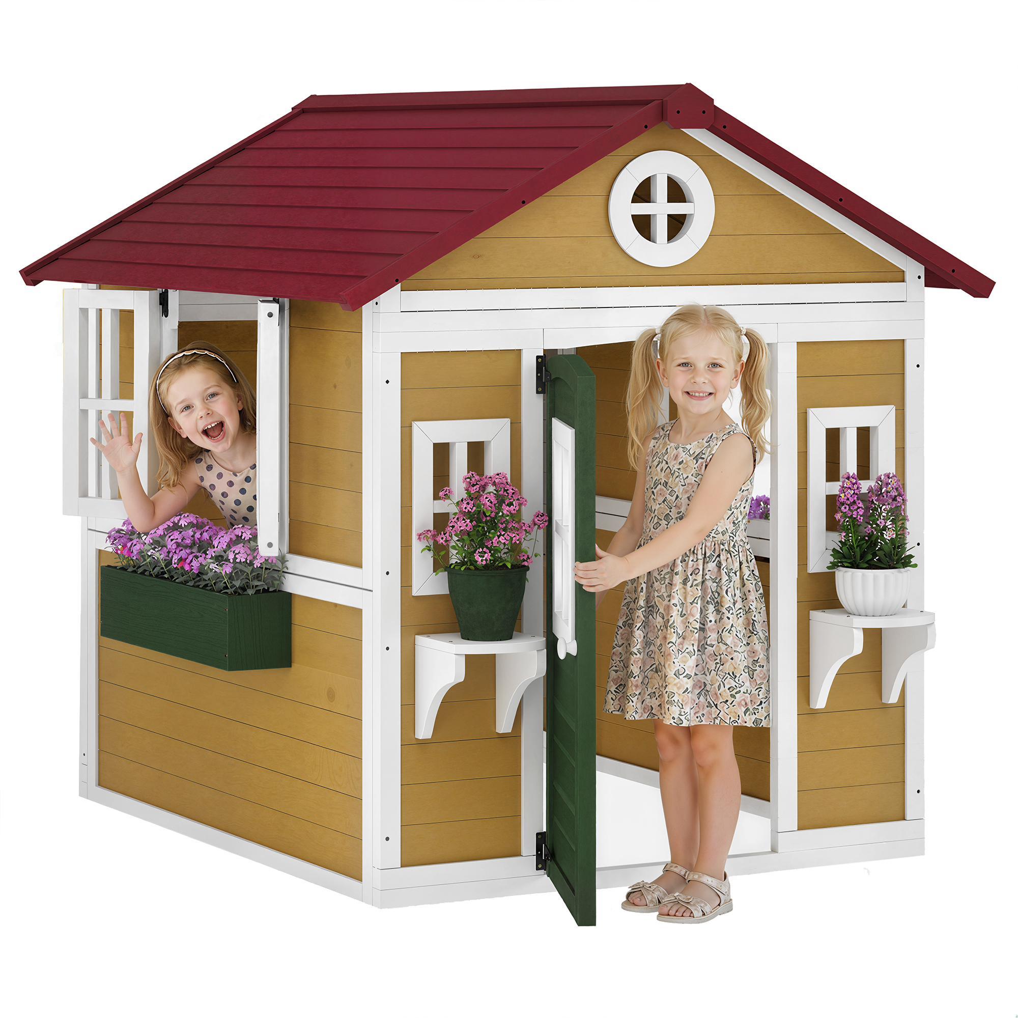 Wooden Playhouse with Doors, Windows, Plant Pots, Boxes, for 3-8 Years - Beige (Drop Shipping Only, Not for Amazon)