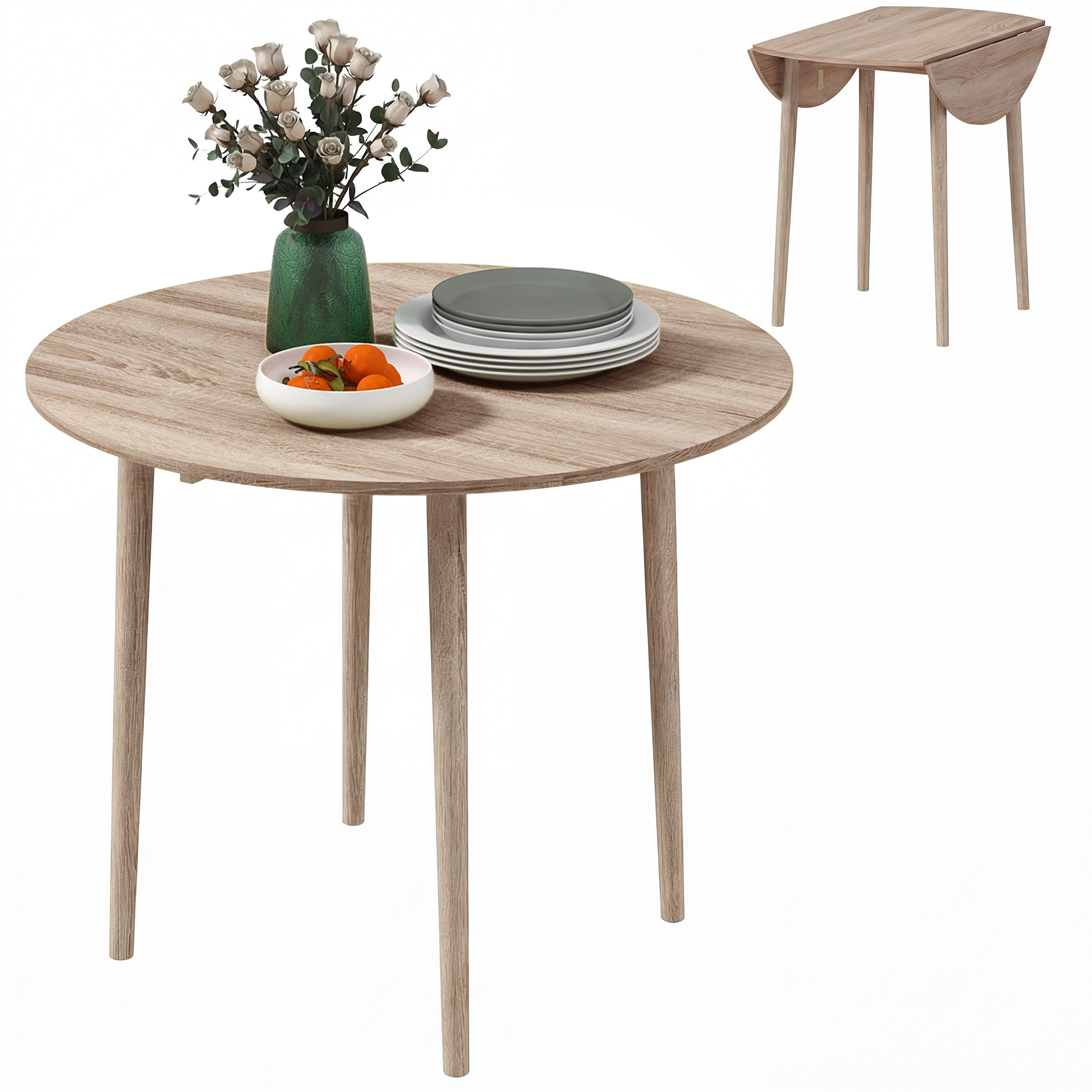 Folding Dining Table, Round Drop Leaf Kitchen Table for Small Spaces with Wood Legs, Oak Color (Drop Shipping Only, Not for Amazon)