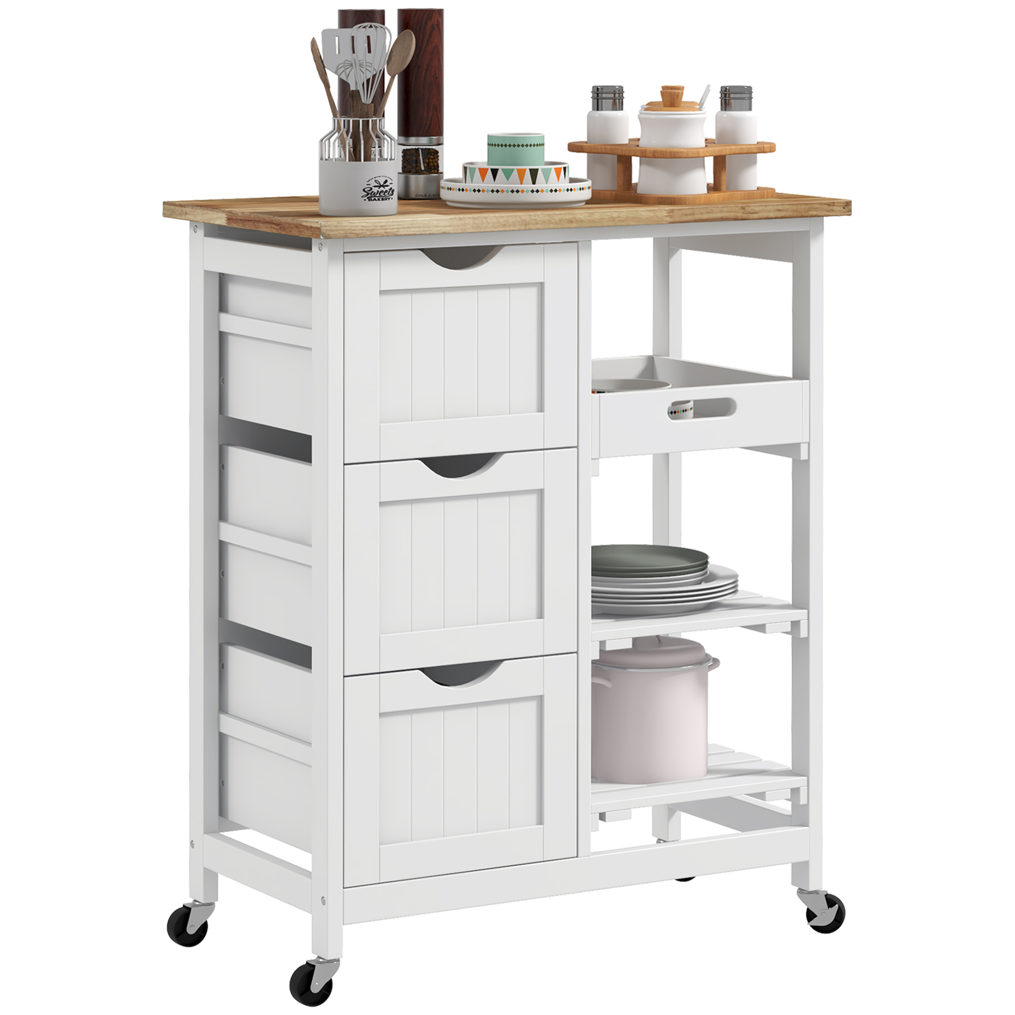 Rolling Kitchen Cart, Kitchen Island with Wood Top, Shelves & Drawers for Dining Area, White (Drop Shipping Only, Not for Amazon)