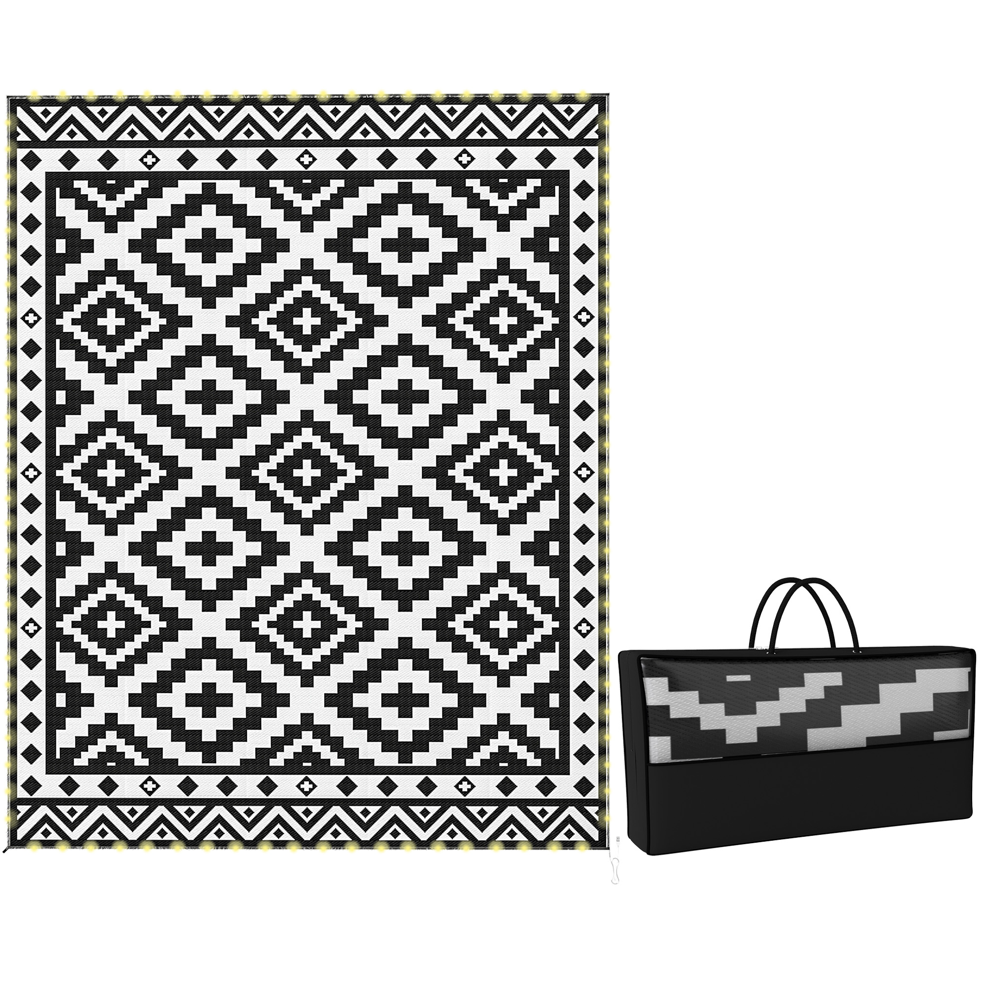 Outdoor Rug Carpet Reversible Plastic Straw Rug with LED Lights Black and White 10' x 8' for Patio (Drop Shipping Only, Not for Amazon)