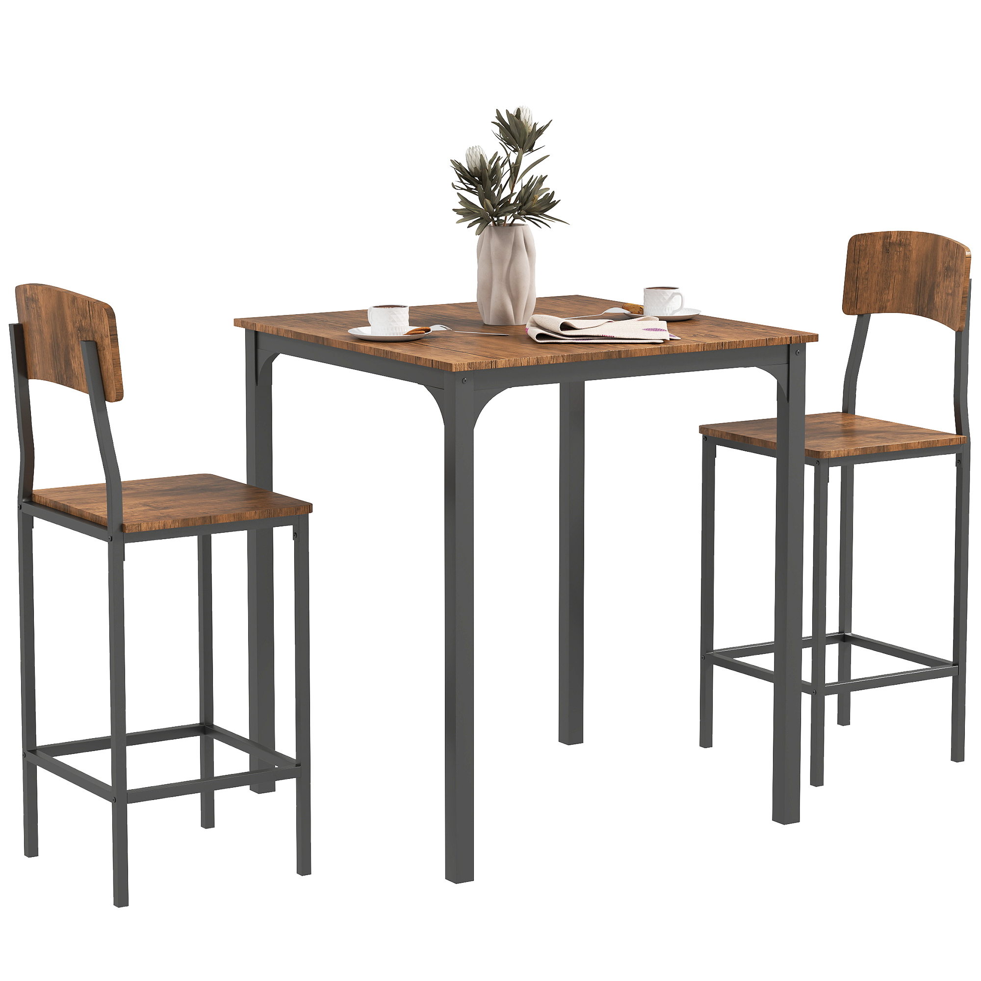 3 Piece Pub Table and Chairs, Small Kitchen Table and Chairs, Square Dining Table with 2 Stools, Walnut and Black (Drop Shipping Only, Not for Amazon)
