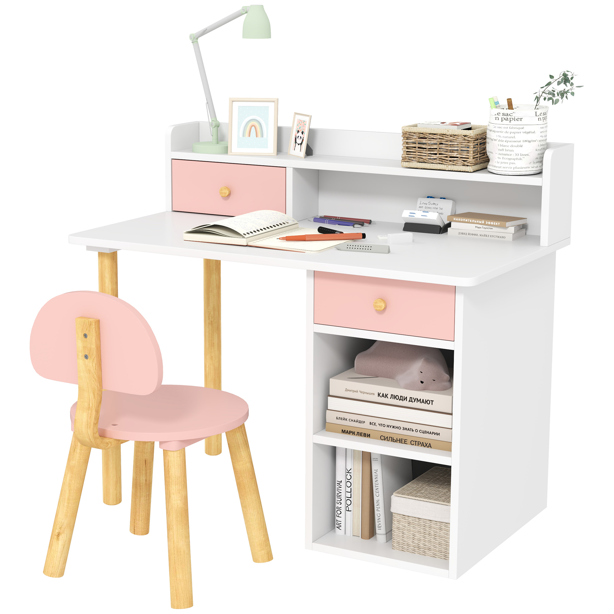 2 Pieces Children Study Table with Hutch, Kids Desk and Chair Set with Storage, Drawer, Shelves, Pink (Drop Shipping Only, Not for Amazon)