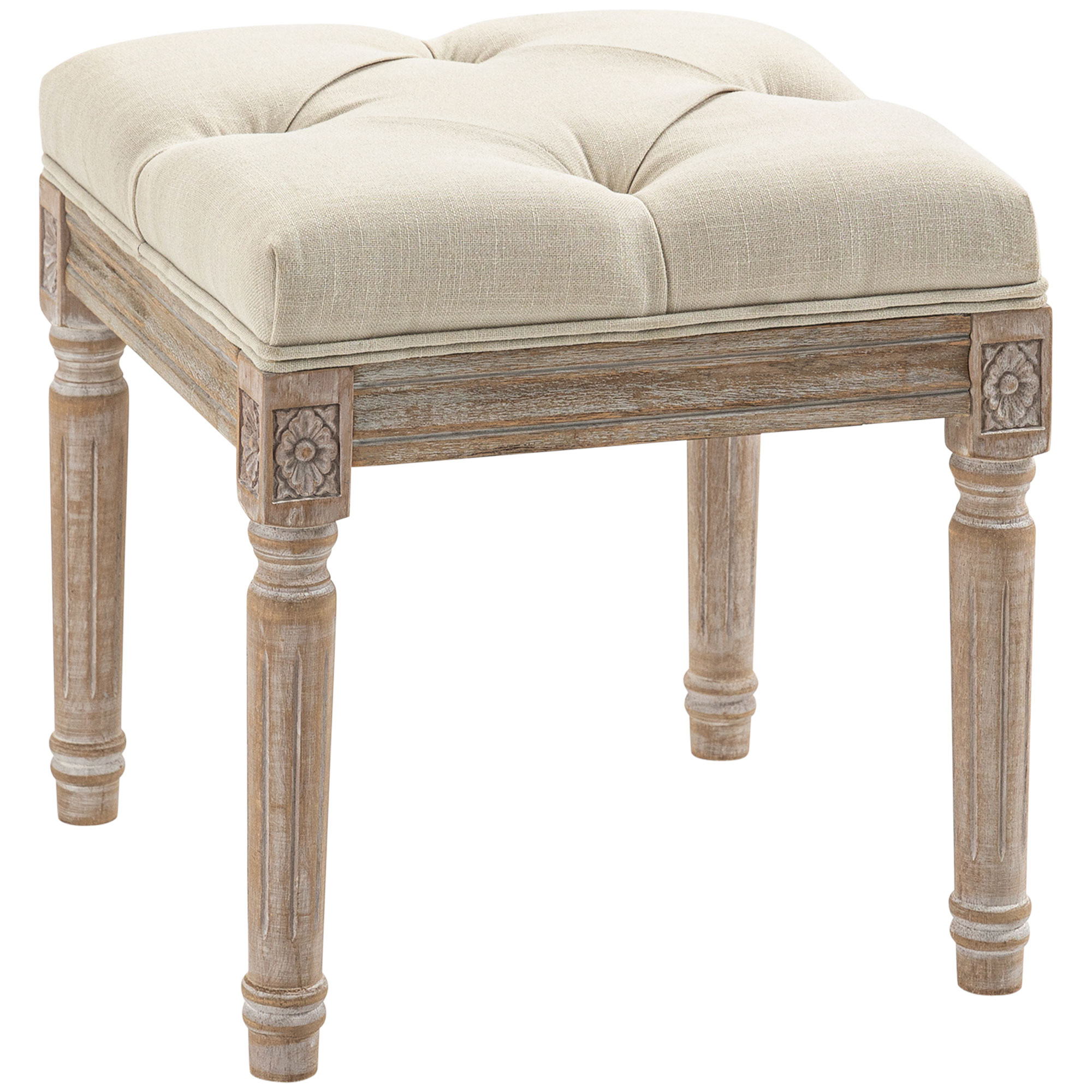 Ottoman Bench Vintage Footrest w/ Button Tufted Seat, Carved Wooden Legs, Beige (Drop Shipping Only, Not for Amazon)