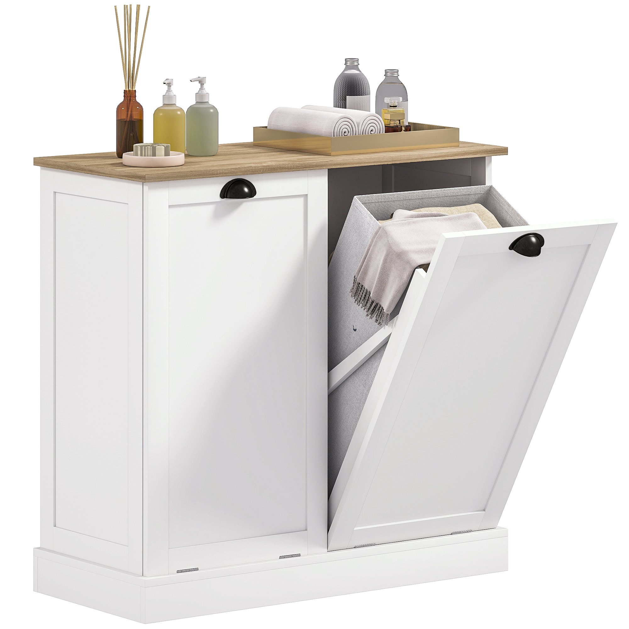 Dual Tilt out Laundry Hamper Cabinet with 2 Removable Basket, Modern Bathroom Storage Cabinet with Shaker Doors and Handles, White (Drop Shipping Only, Not for Amazon)