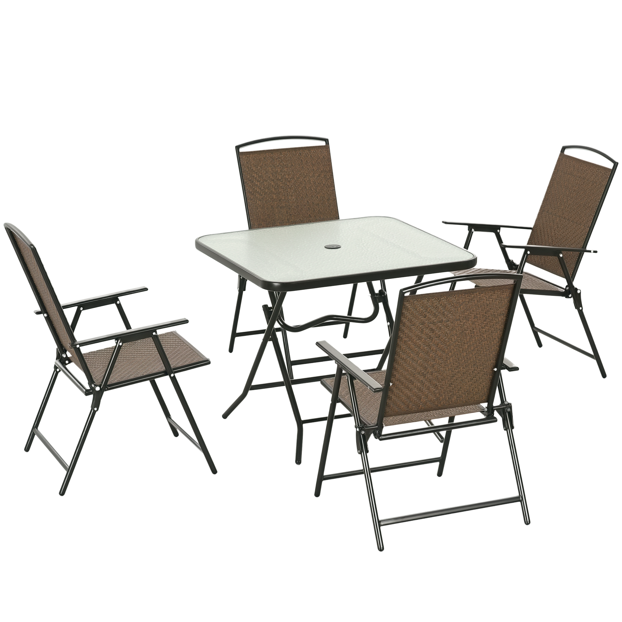 5 Pieces Patio Table and Chairs, Foldable Wicker Outdoor Dining Table Set with Umbrella Hole, Dark Brown (Drop Shipping Only, Not for Amazon)