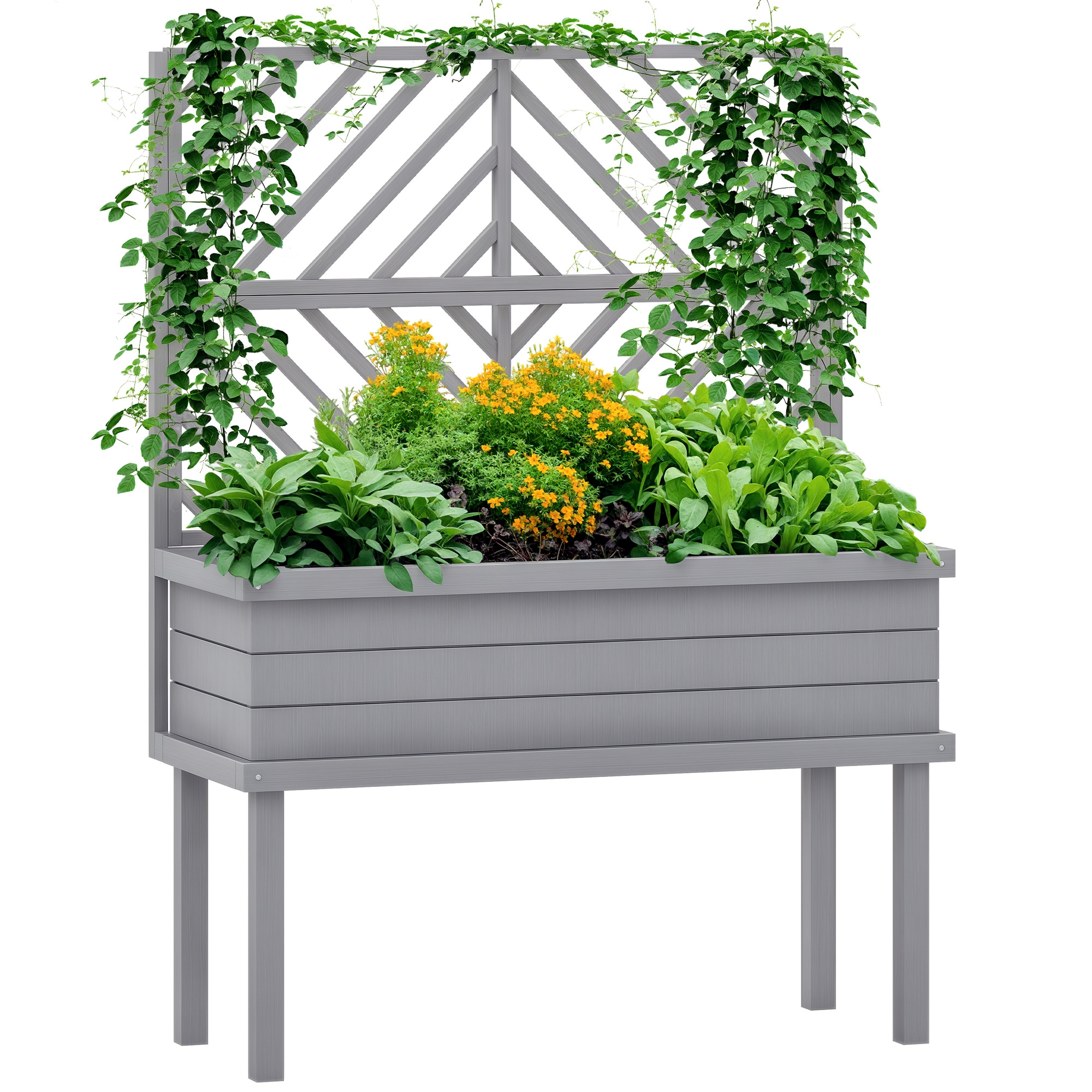 Elevated Wood Planter with Trellis for Climbing Plants, Raised Garden Bed with Legs and Drainage Holes, Gray (Drop Shipping Only, Not for Amazon)