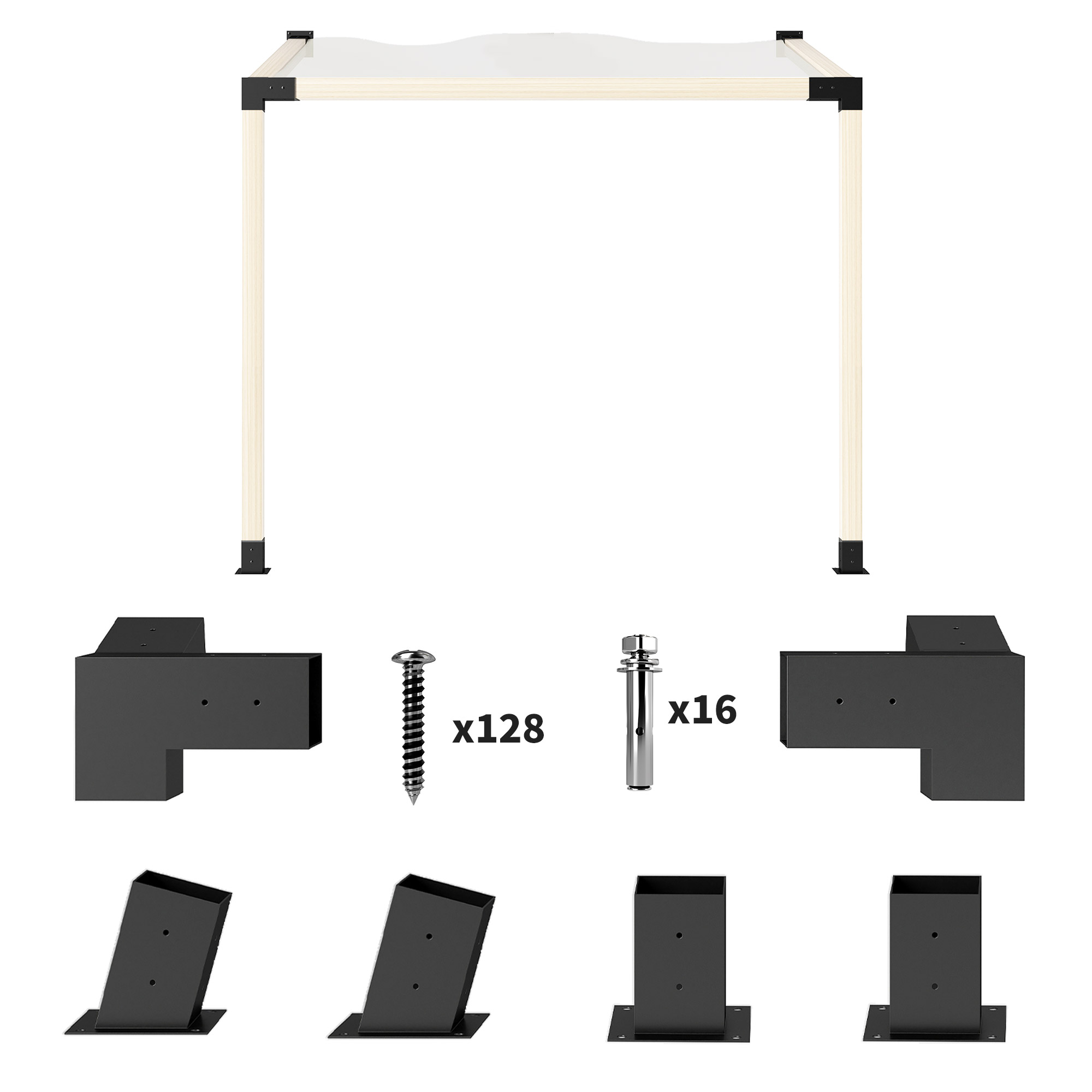 Pergola Kit, 15° Slanted Pergola Bracket Kit with 3-Way Brackets, Post Bases, Wall Mounts for 3.6