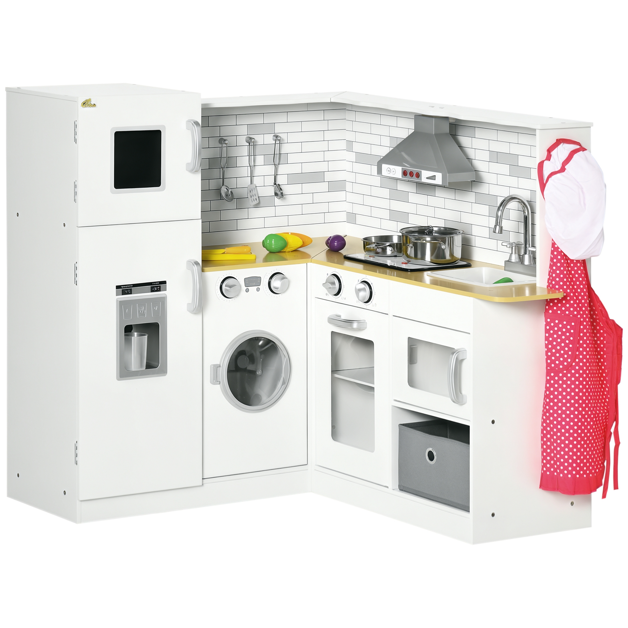 Corner Play Kitchen Set with Sound Effects and Tons of Countertop Space, Large Wooden Kitchen with Washing Machine, Food Toys, Ice Maker, Kids Kitchen, Ages 3-6, White (Drop Shipping Only, Not for Amazon)