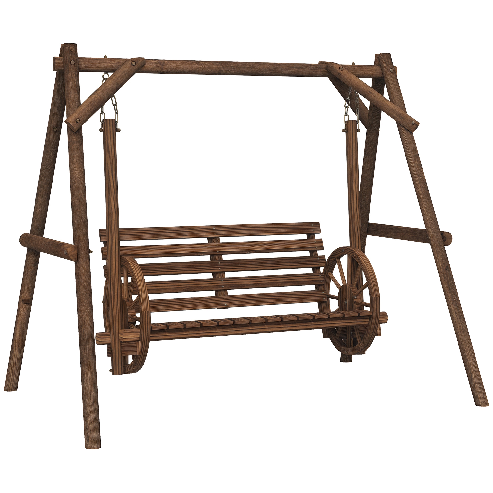 2-Seat Porch Swing with A-Frame Stand, Wooden Log Patio Swing Chair Bench with Wagon Wheel Armrests, Carbonized Brown (Drop Shipping Only, Not for Amazon)