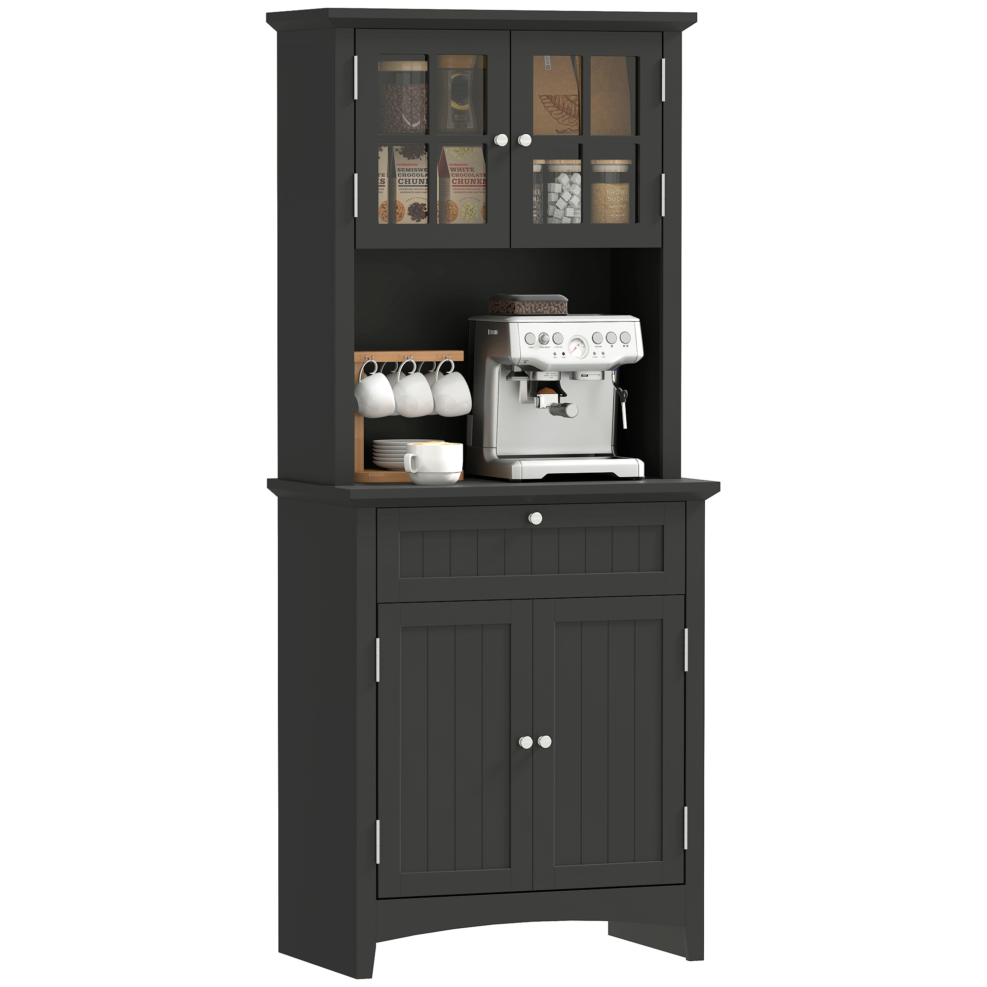 Elegant Buffet with Hutch, Kitchen Pantry Storage Cabinet with Framed Glass Door Drawer and Microwave Space, Gray (Drop Shipping Only, Not for Amazon)