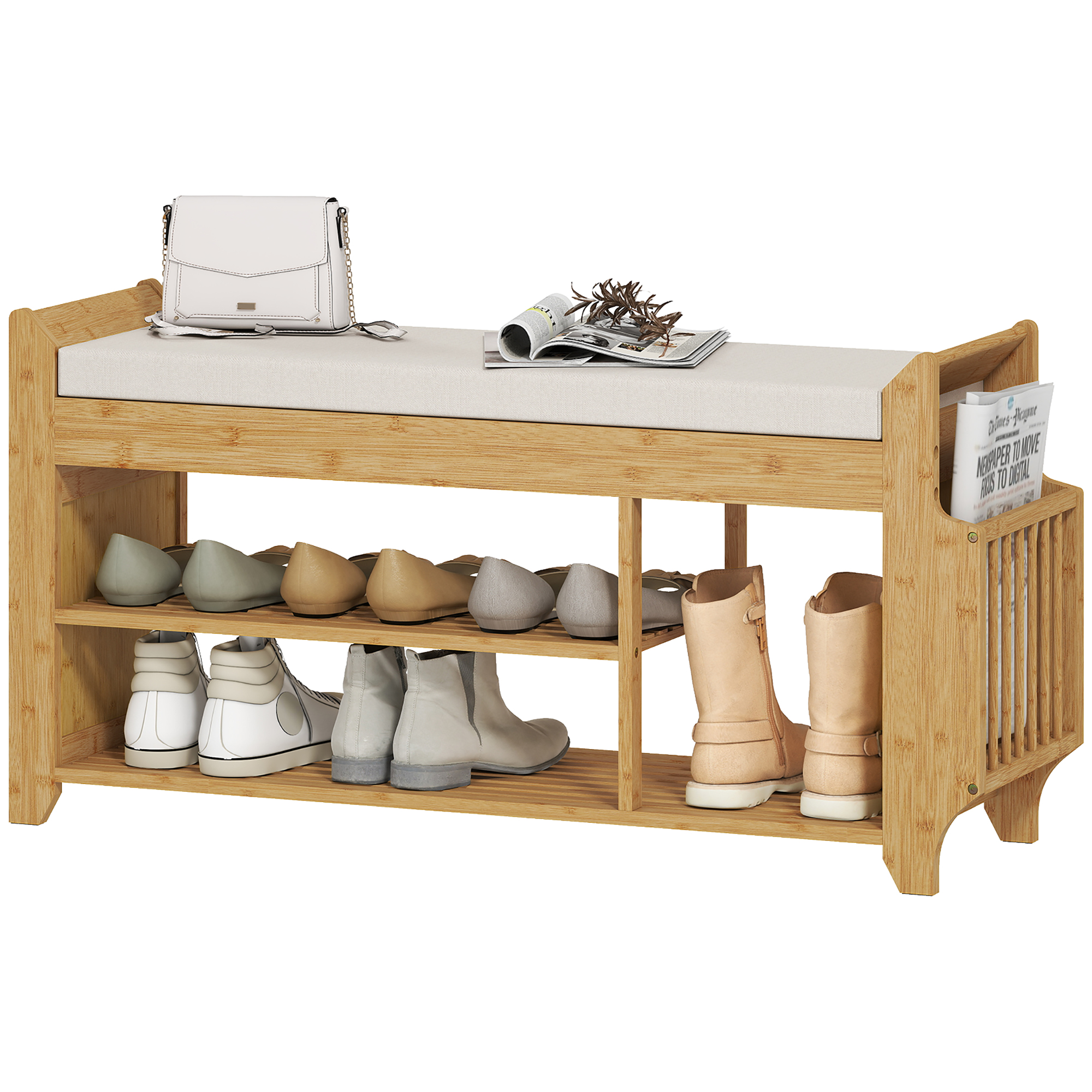 Shoe Bench with Cushioned Seat Shoe Storage Bench with Side Umbrella Holder for Entryway Natural and Cream (Drop Shipping Only, Not for Amazon)