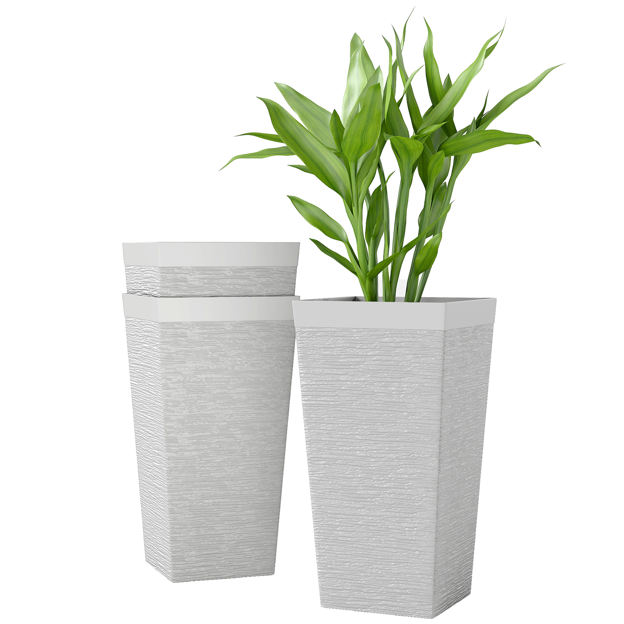 22.8 Inch Set of 3 Outdoor Planters with Stone Finish and Wheels, Stackable Tapered Planters with Drainage Hole, White (Drop Shipping Only, Not for Amazon)