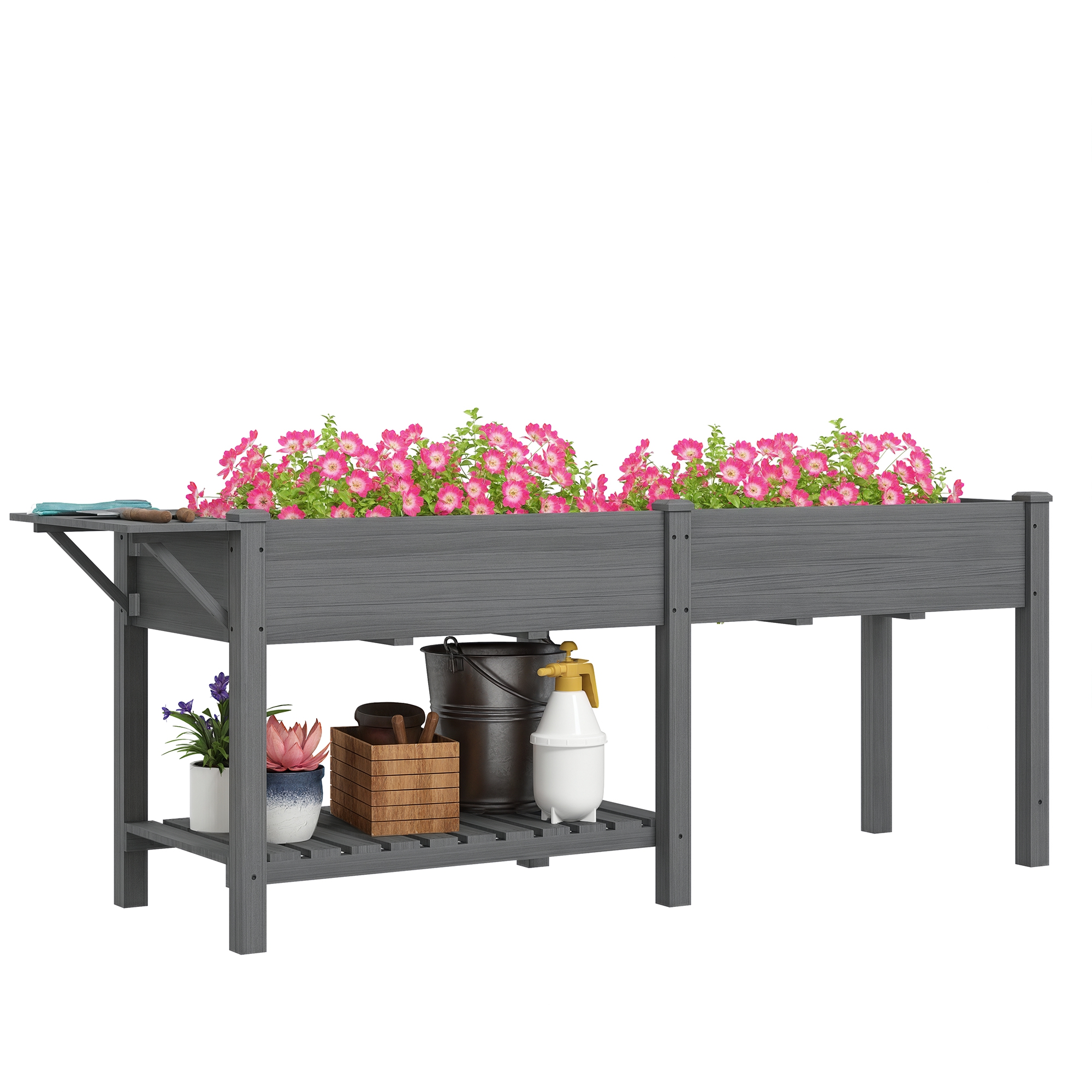 Wood Raised Garden Box, Elevated Garden Bed with Side Table, Bottom Shelf, Bed Liners and Drainage Holes, Gray (Drop Shipping Only, Not for Amazon)