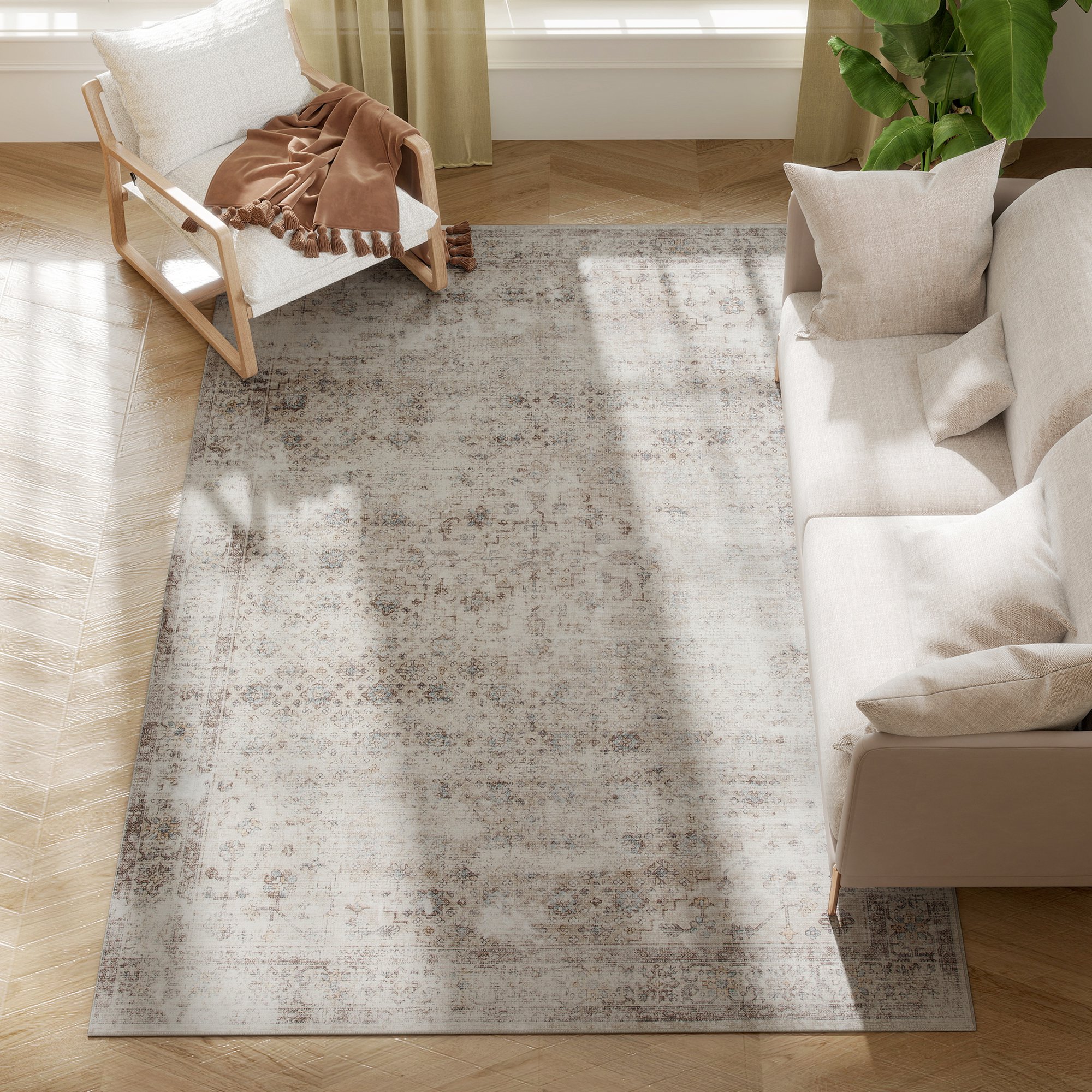 Machine Washable Area Rug 5x7, Non-Slip Traditional Floor Carpet for Living Room, Bedroom, Light Mixed-Brown (Drop Shipping Only, Not for Amazon)