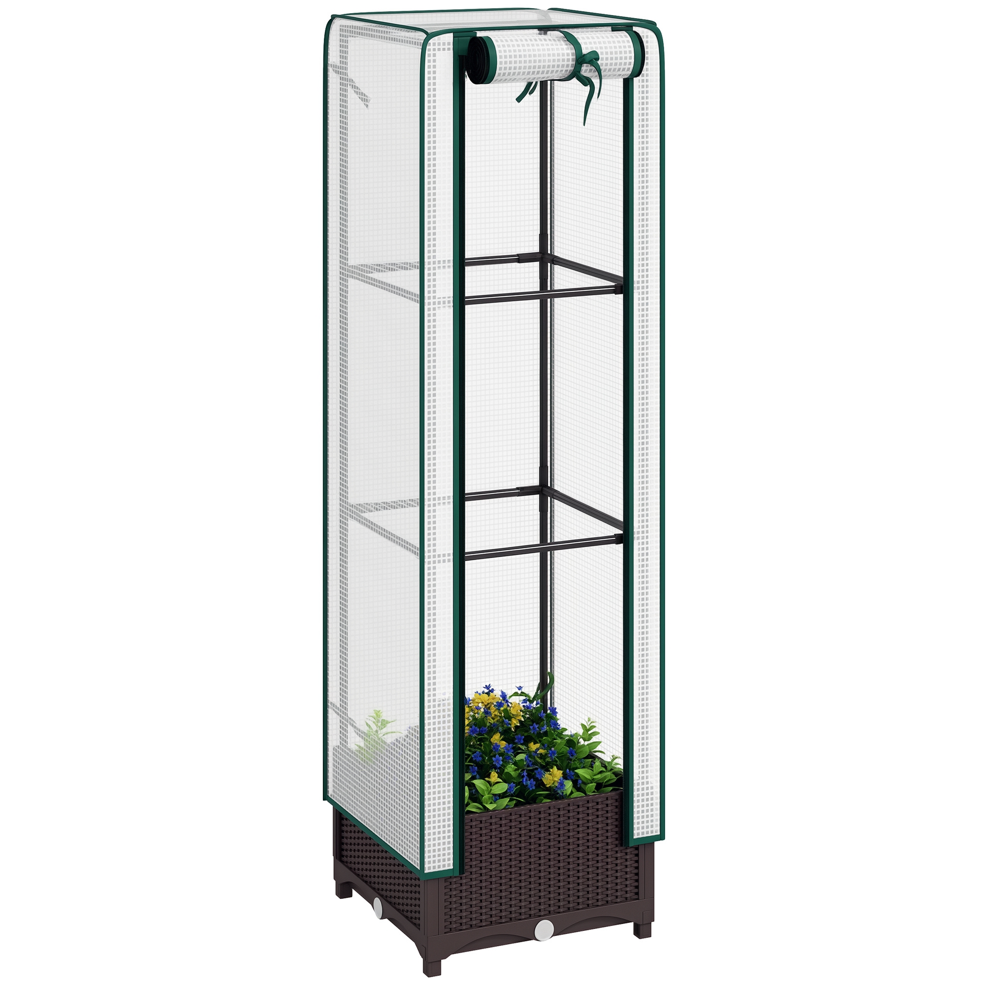 Garden Bed with Trellis, Outdoor Plant Box with PE Cover, Drainage Holes and Zipper Door, 15.7