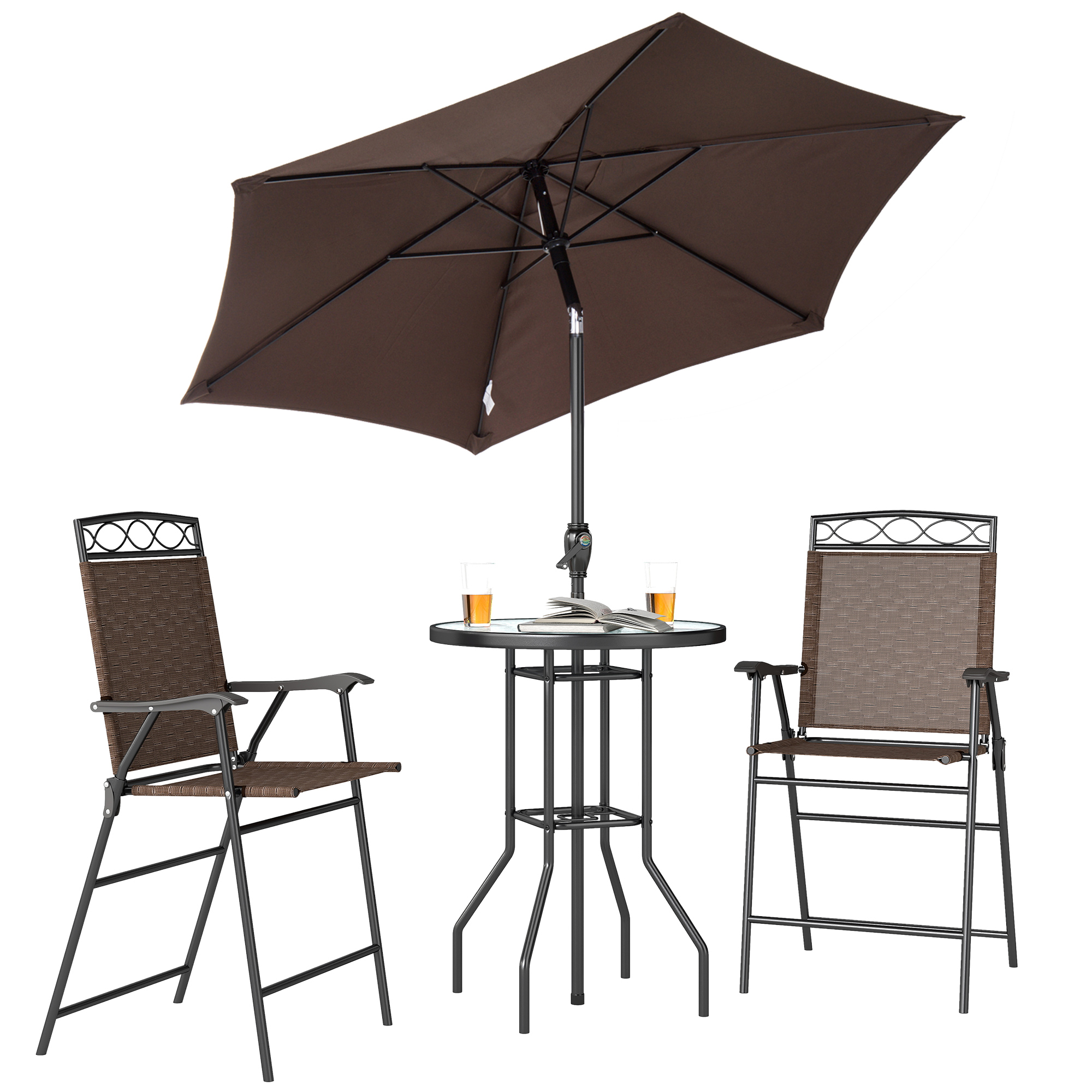 4 Piece Outdoor Bar Set with Umbrella, Patio Dining Set with 2 Folding Chairs, Wave Textured Tempered Glass Table for Backyard, Garden, Deck, Poolside, Black (Drop Shipping Only, Not for Amazon)