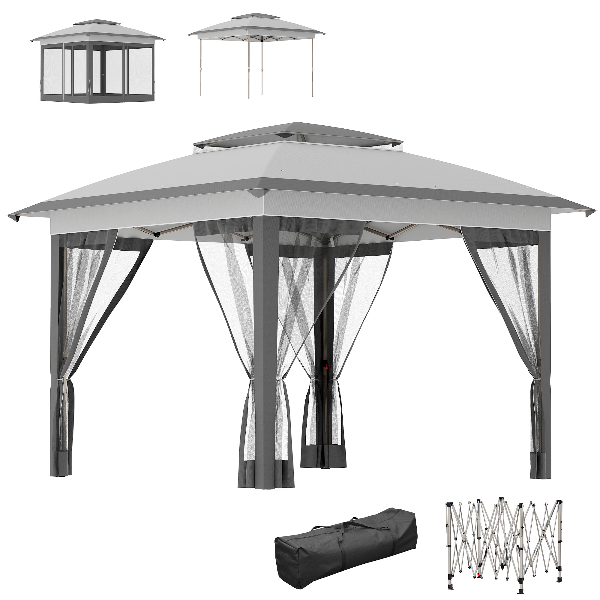 12' x 12' Pop Up Canopy Tent with Netting and Carry Bag, Instant Sun Shelter with 137 sq.ft Shade, Tents for Parties, Height Adjustable, for Outdoor, Garden, Patio, Khaki (Drop Shipping Only, Not for Amazon)