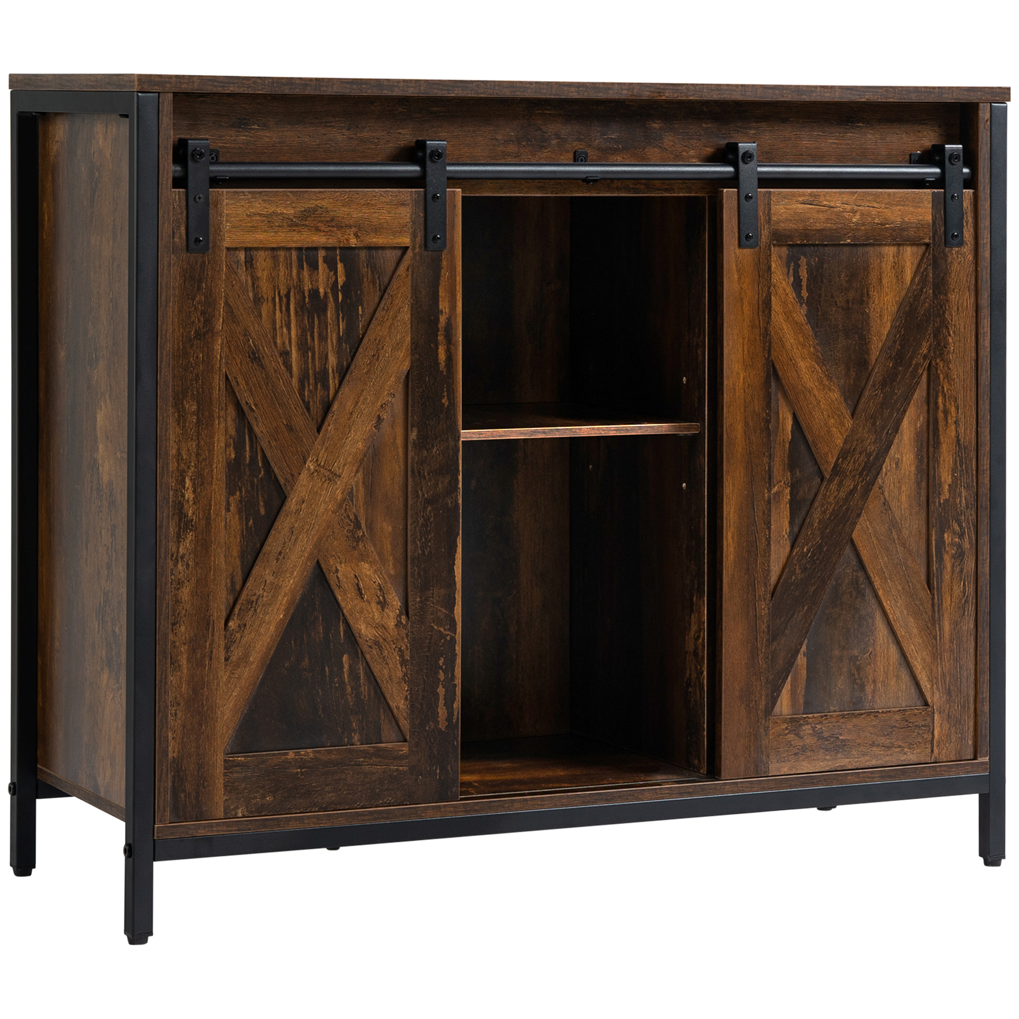 Industrial Sideboard Buffet Cabinet, Coffee Bar Cabinet, Kitchen Cabinet with Sliding Barn Doors, Storage Cabinets and Adjustable Shelves for Living Room, Home Bar, Rustic Brown (Drop Shipping Only, Not for Amazon)