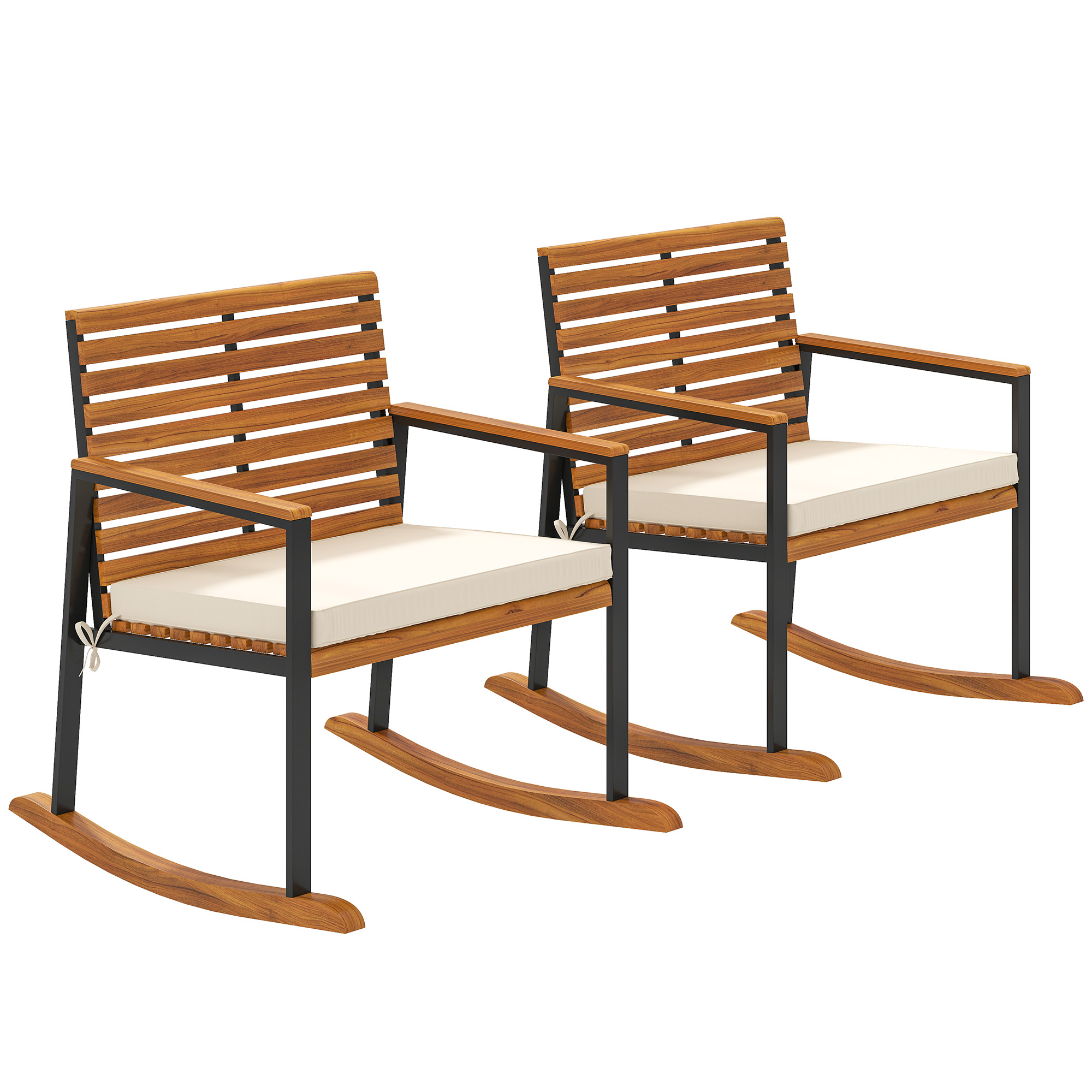 Acacia Wood Outdoor Lawn Rocking Chair Set of 2, Outdoor Patio Rocking Chairs with Armrests, Cushion, Cream White (Drop Shipping Only, Not for Amazon)