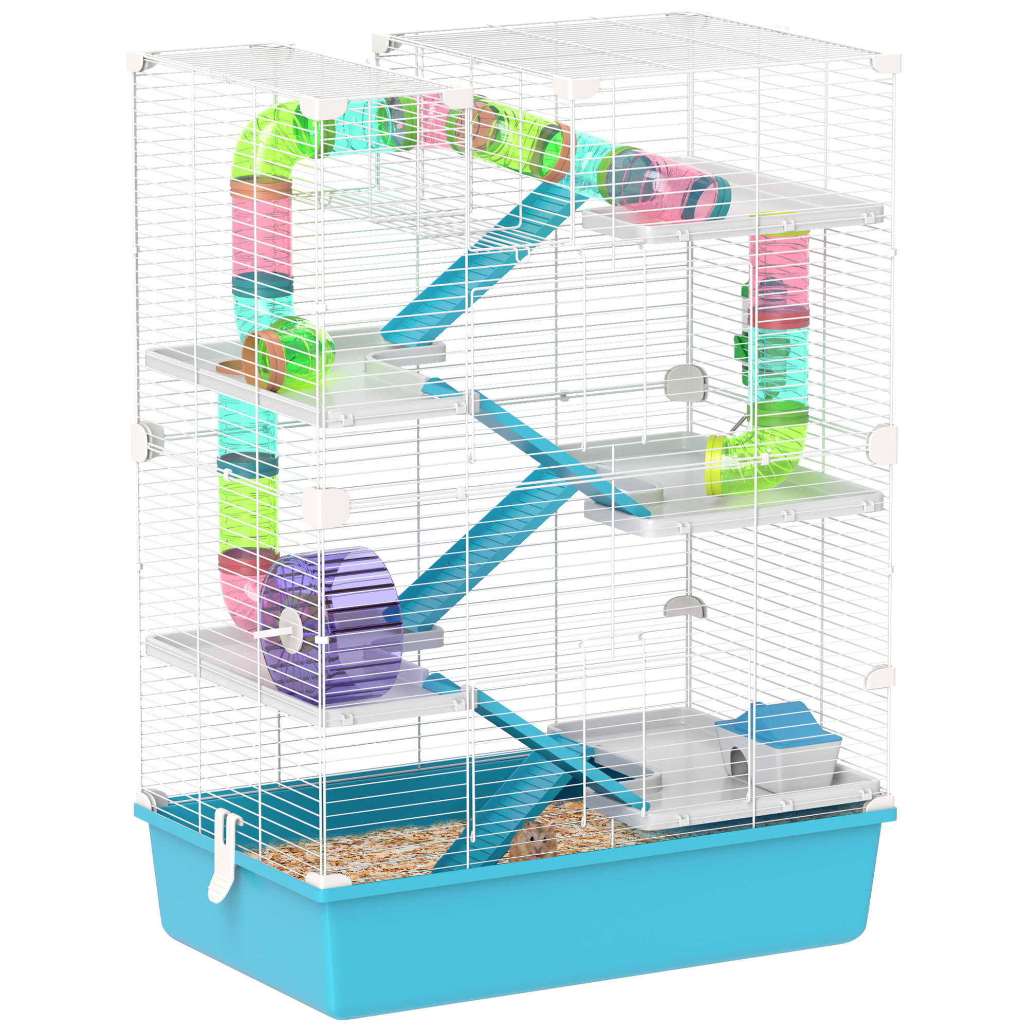 6 Tier Hamster Cage, Small Animal Cage with Tubes, Exercise Wheel, Ramps, Hut, Food Dish, Water Bottle, Light Blue (Drop Shipping Only, Not for Amazon)