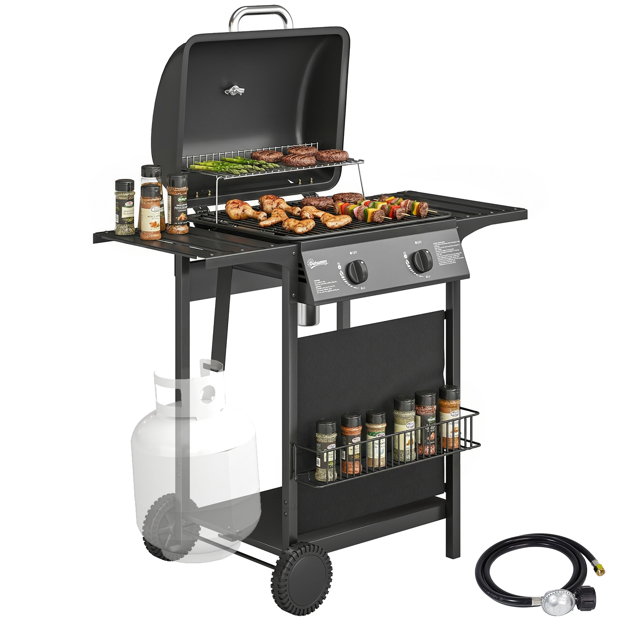 2 Burner Propane Gas Grill, 18000 BTU BBQ Grill with Wheels, Warming Rack, Shelf, Thermometer, Grease Cup, Black (Drop Shipping Only, Not for Amazon)