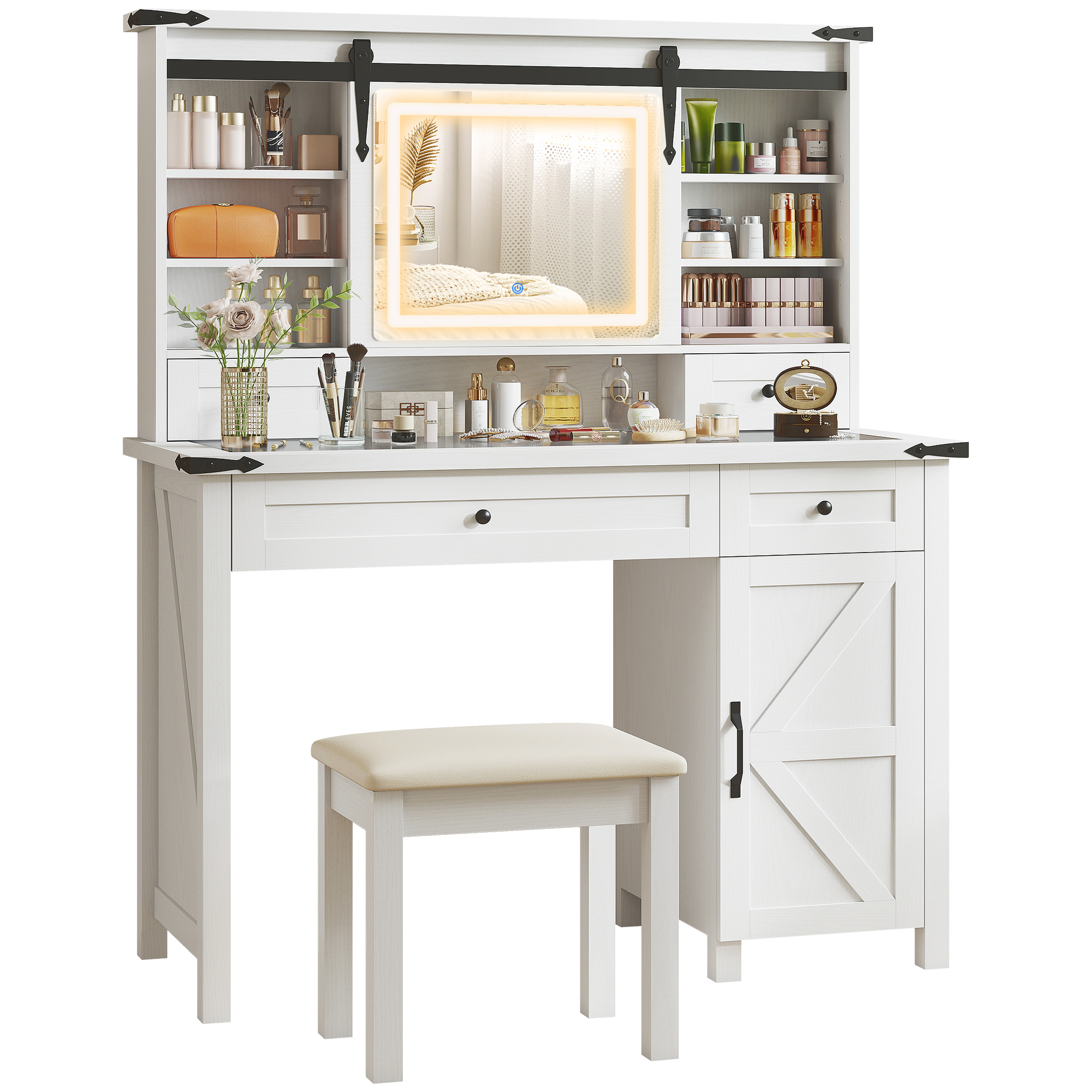 Vanity Desk Set with Mirror and Lights, Cushioned Stool, Storage Drawer, Cabinet, Shelves for Bedroom, White (Drop Shipping Only, Not for Amazon)
