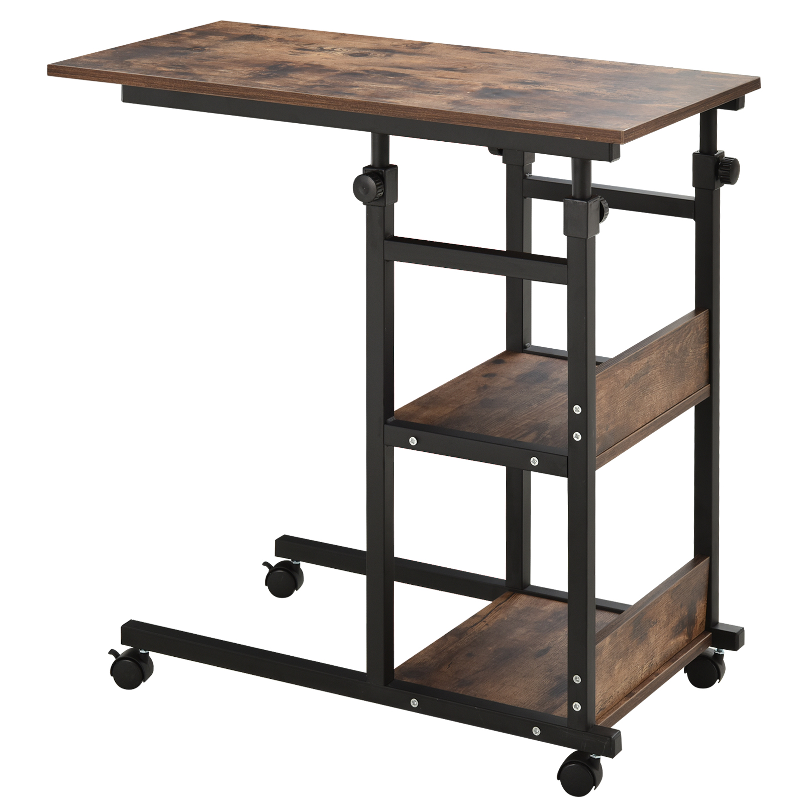 Industrial C-Shaped Mobile Rolling Sofa Side Table with 3-Tier Storage Shelving, Adjustable Height, & Wheels (Drop Shipping Only, Not for Amazon)