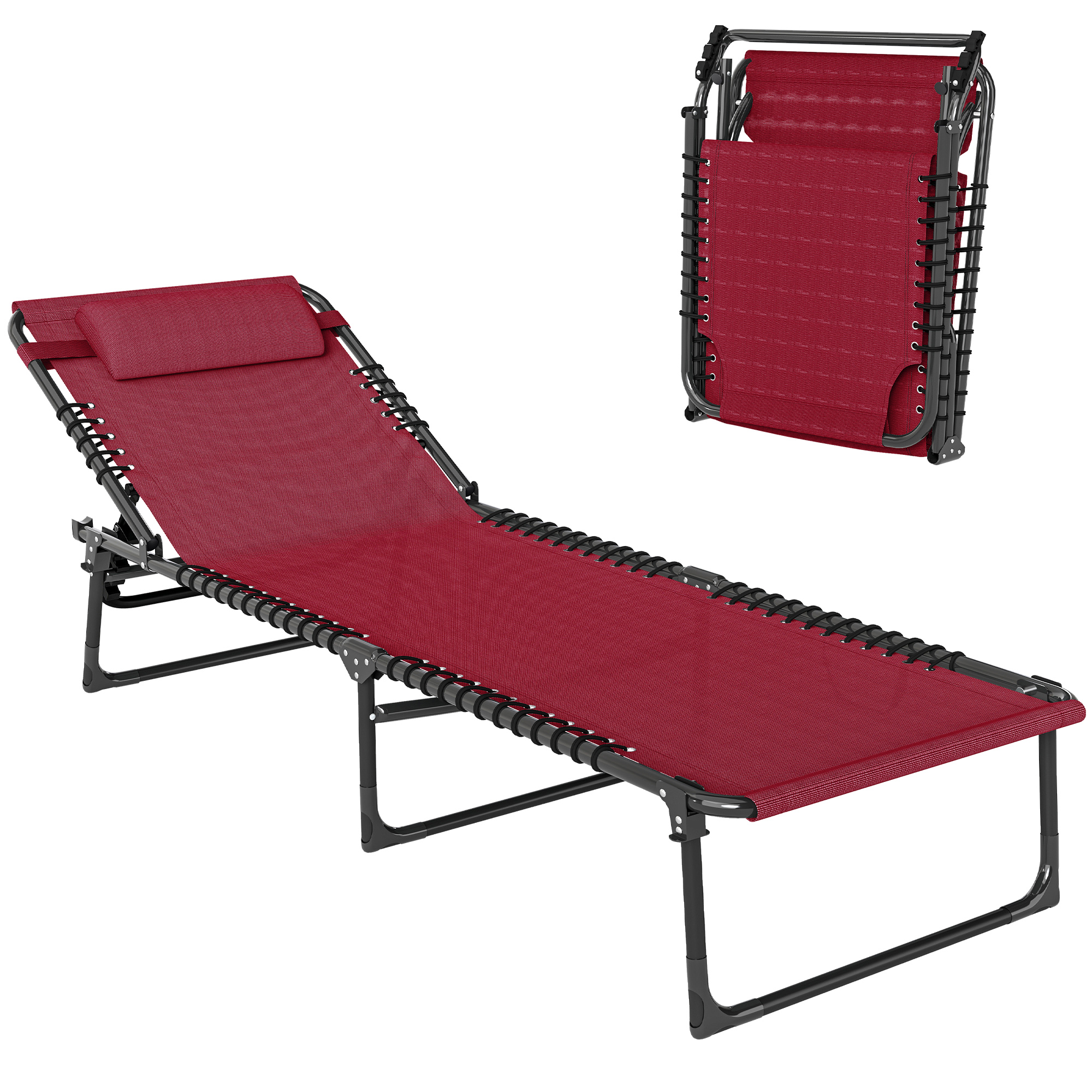 Folding Chaise Lounge Pool Chair with 4-Position Reclining Back, Pillow, Breathable Mesh & Bungee Seat, Wine Red (Drop Shipping Only, Not for Amazon)